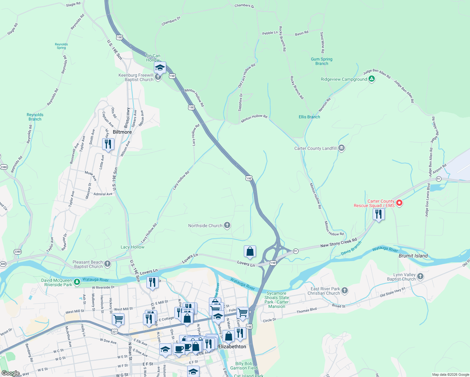 map of restaurants, bars, coffee shops, grocery stores, and more near 208 Fitzsimmons Hill Road in Elizabethton