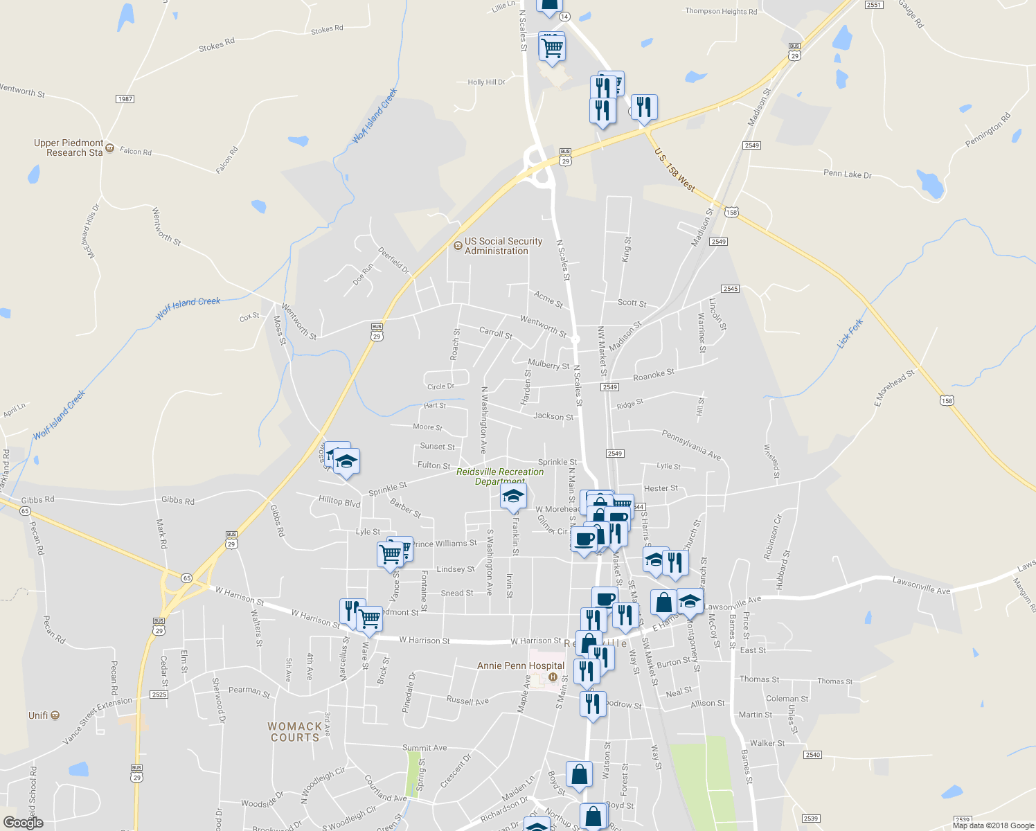 map of restaurants, bars, coffee shops, grocery stores, and more near 331 Jackson Street in Reidsville