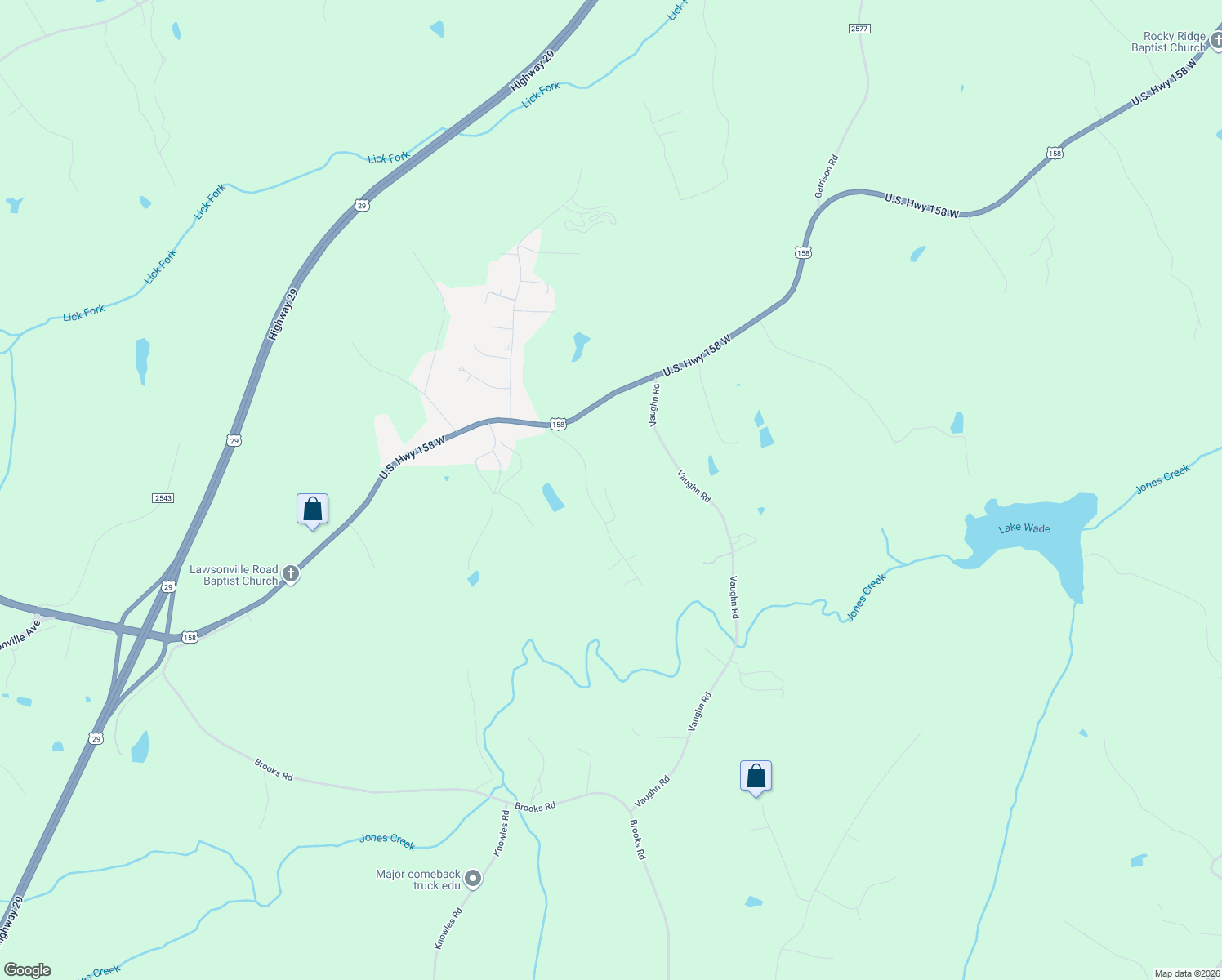 map of restaurants, bars, coffee shops, grocery stores, and more near 289 Grady Road in Reidsville
