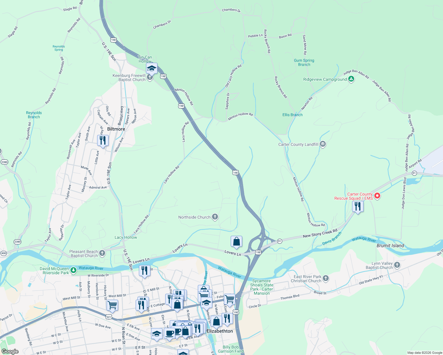 map of restaurants, bars, coffee shops, grocery stores, and more near 208 Fitzsimmons Hill Road in Elizabethton