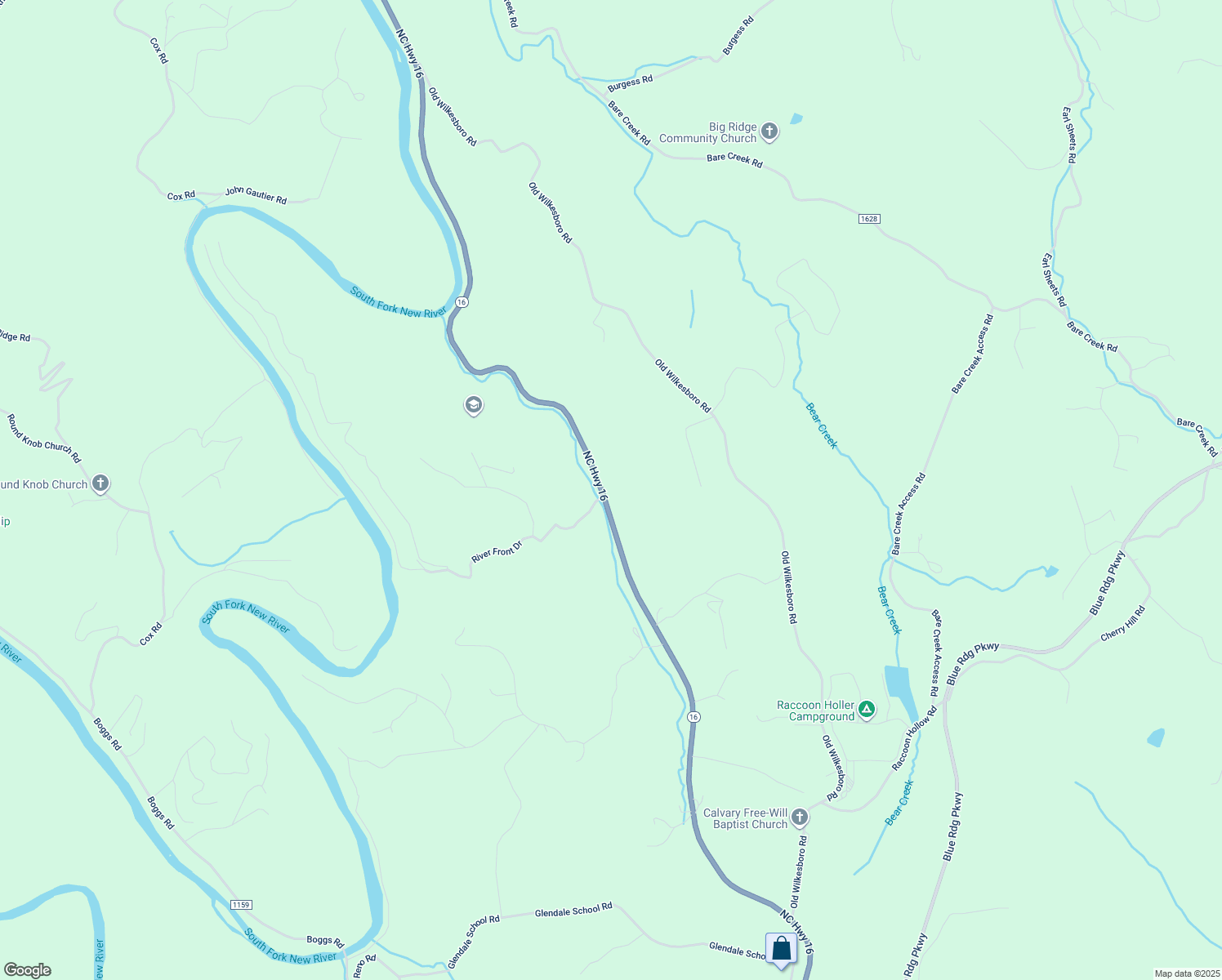 map of restaurants, bars, coffee shops, grocery stores, and more near 5677 North Carolina 16 in Jefferson