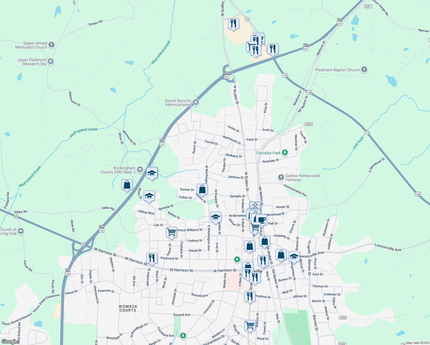 map of restaurants, bars, coffee shops, grocery stores, and more near 344 Jackson Street in Reidsville
