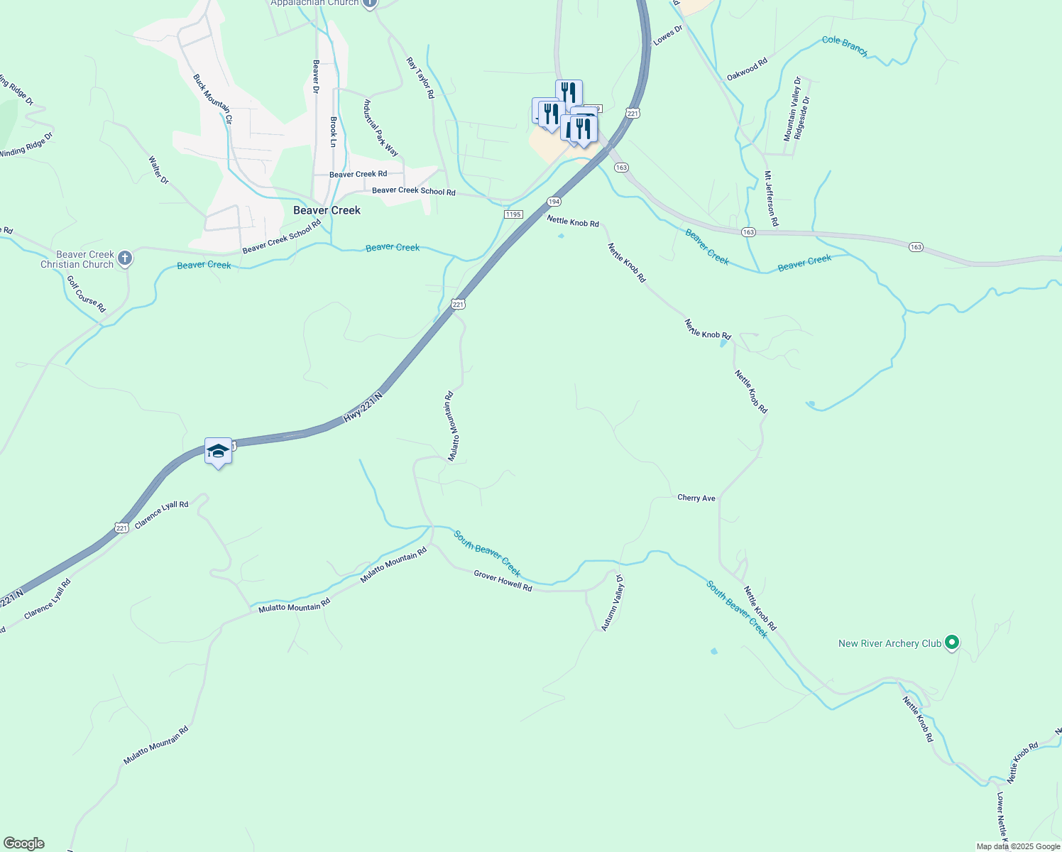 map of restaurants, bars, coffee shops, grocery stores, and more near 189 Ira Miller Drive in West Jefferson