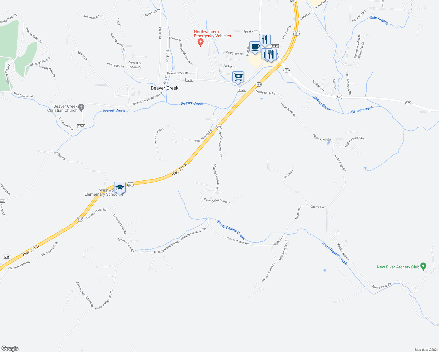 map of restaurants, bars, coffee shops, grocery stores, and more near 513 Mulatto Mountain Road in West Jefferson