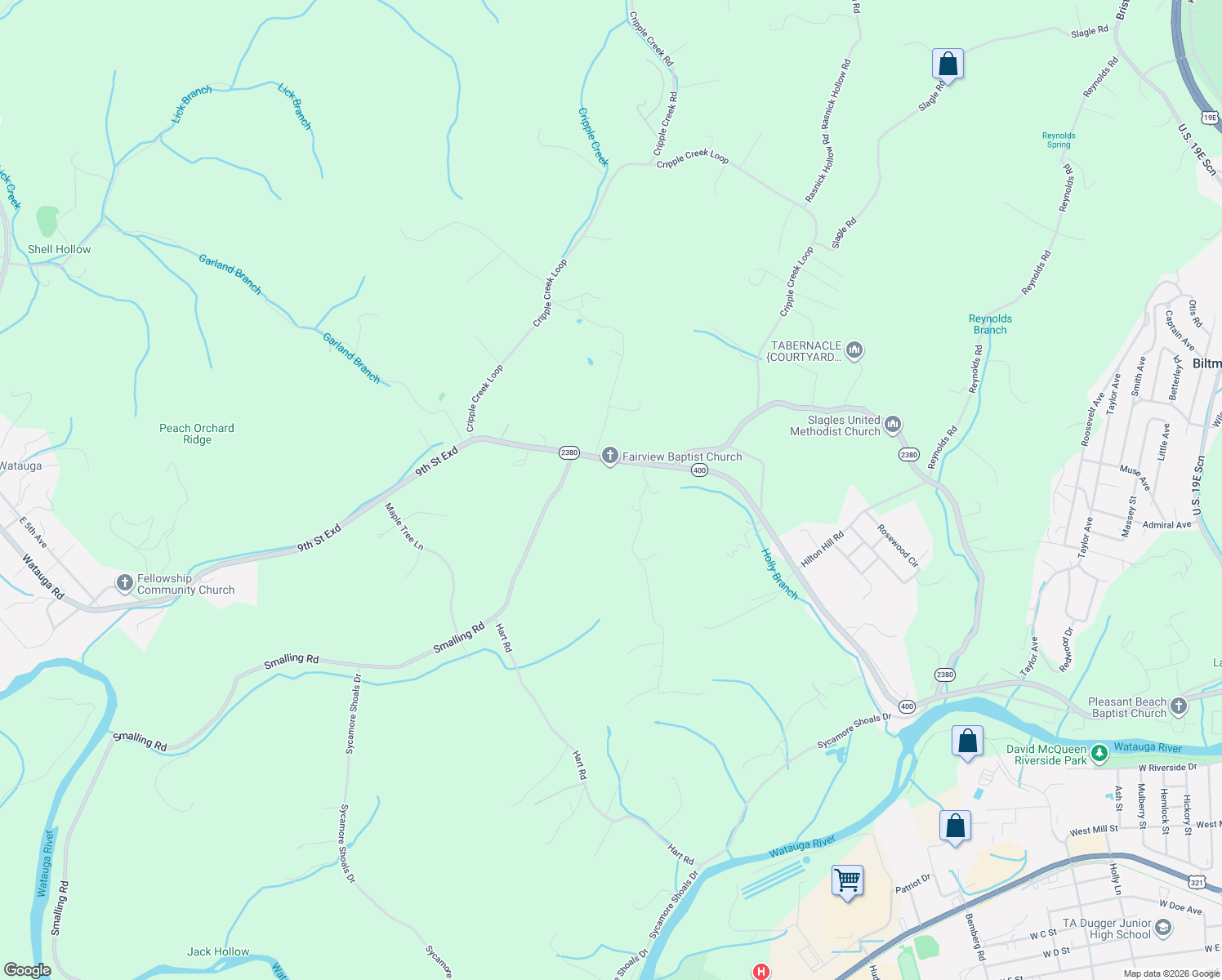 map of restaurants, bars, coffee shops, grocery stores, and more near 583 Watauga Road in Watauga