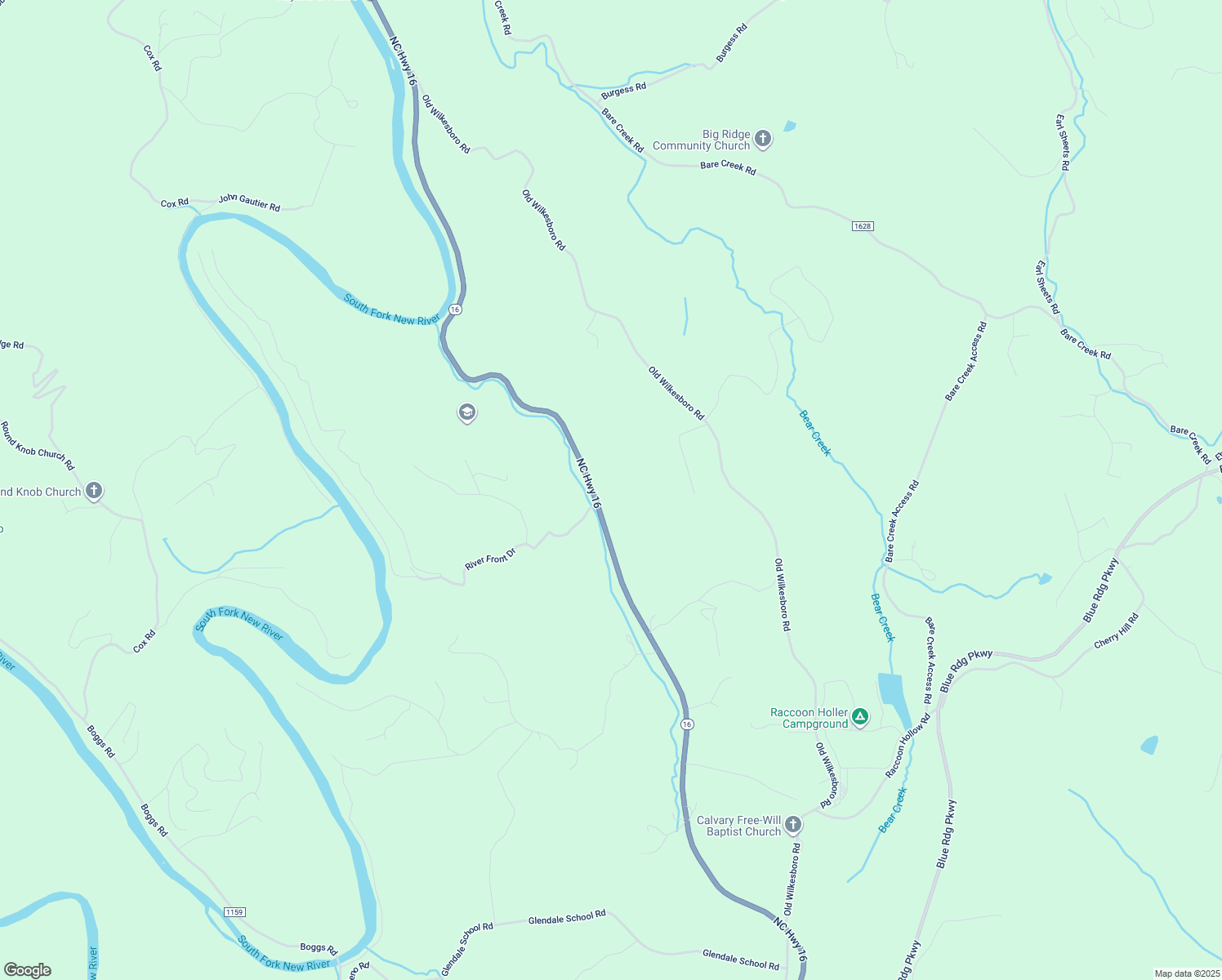 map of restaurants, bars, coffee shops, grocery stores, and more near 5677 North Carolina 16 in Jefferson