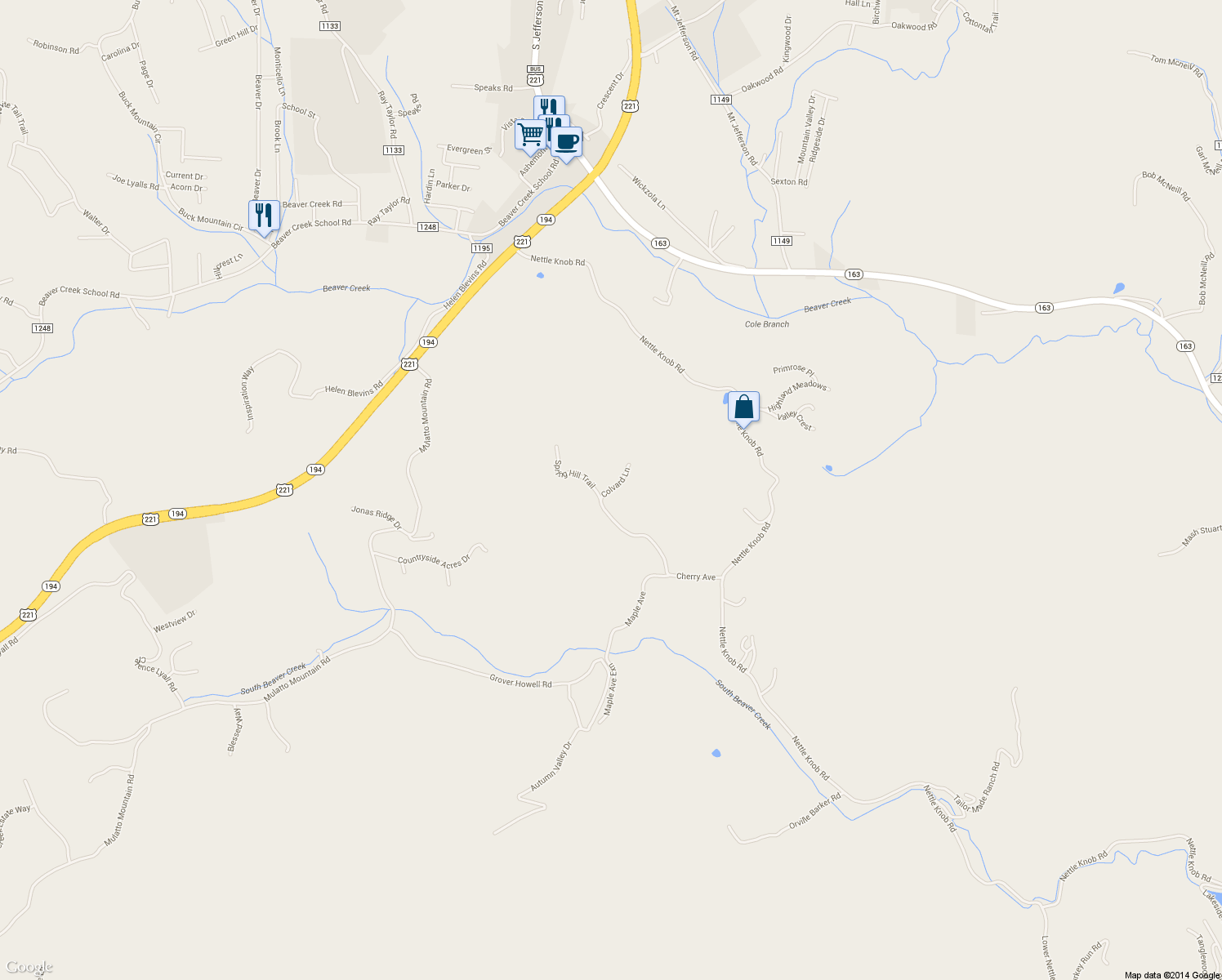 map of restaurants, bars, coffee shops, grocery stores, and more near 224 Colvard Lane in West Jefferson