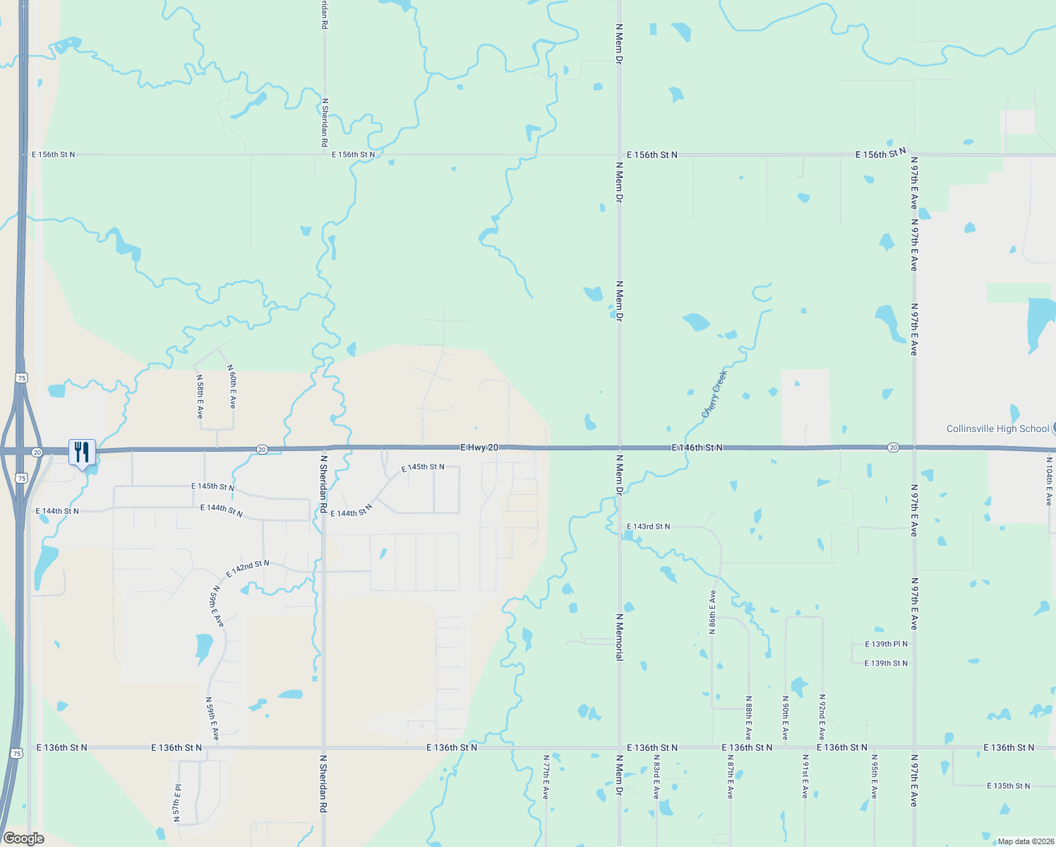 map of restaurants, bars, coffee shops, grocery stores, and more near 14631 North 75th East Avenue in Collinsville