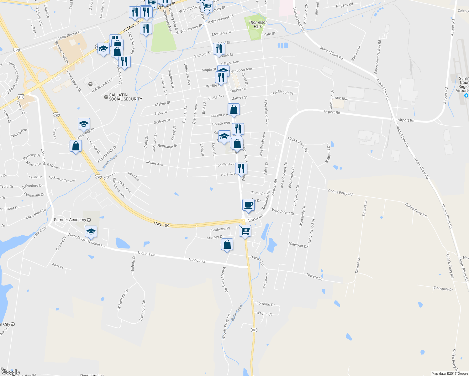map of restaurants, bars, coffee shops, grocery stores, and more near 1150 South Water Avenue in Gallatin
