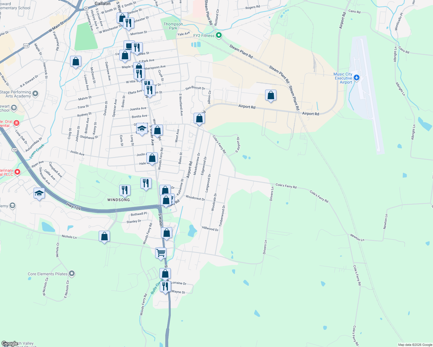 map of restaurants, bars, coffee shops, grocery stores, and more near 1130 Woodvale Drive in Gallatin