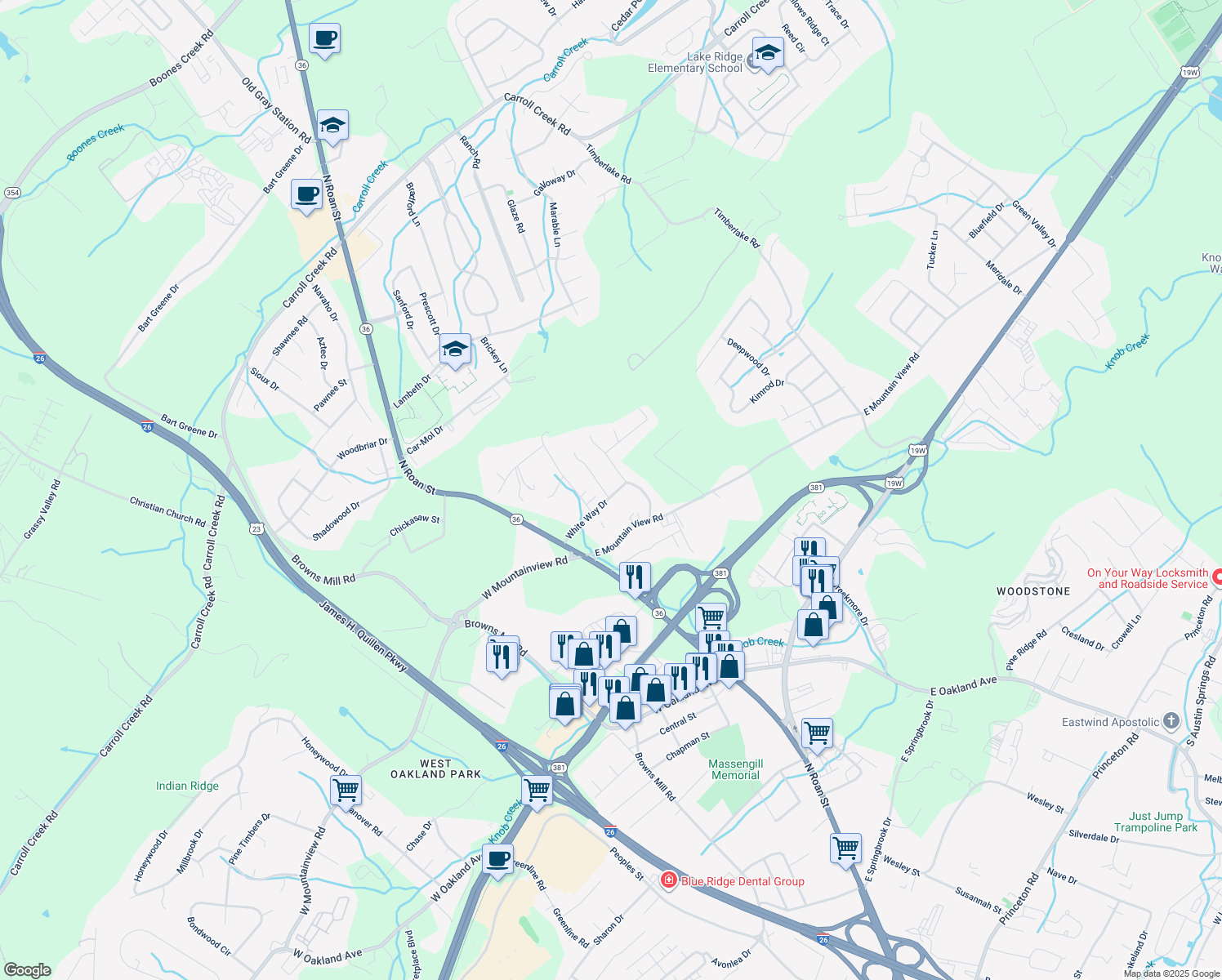 map of restaurants, bars, coffee shops, grocery stores, and more near 3400 Amoyee Drive in Johnson City
