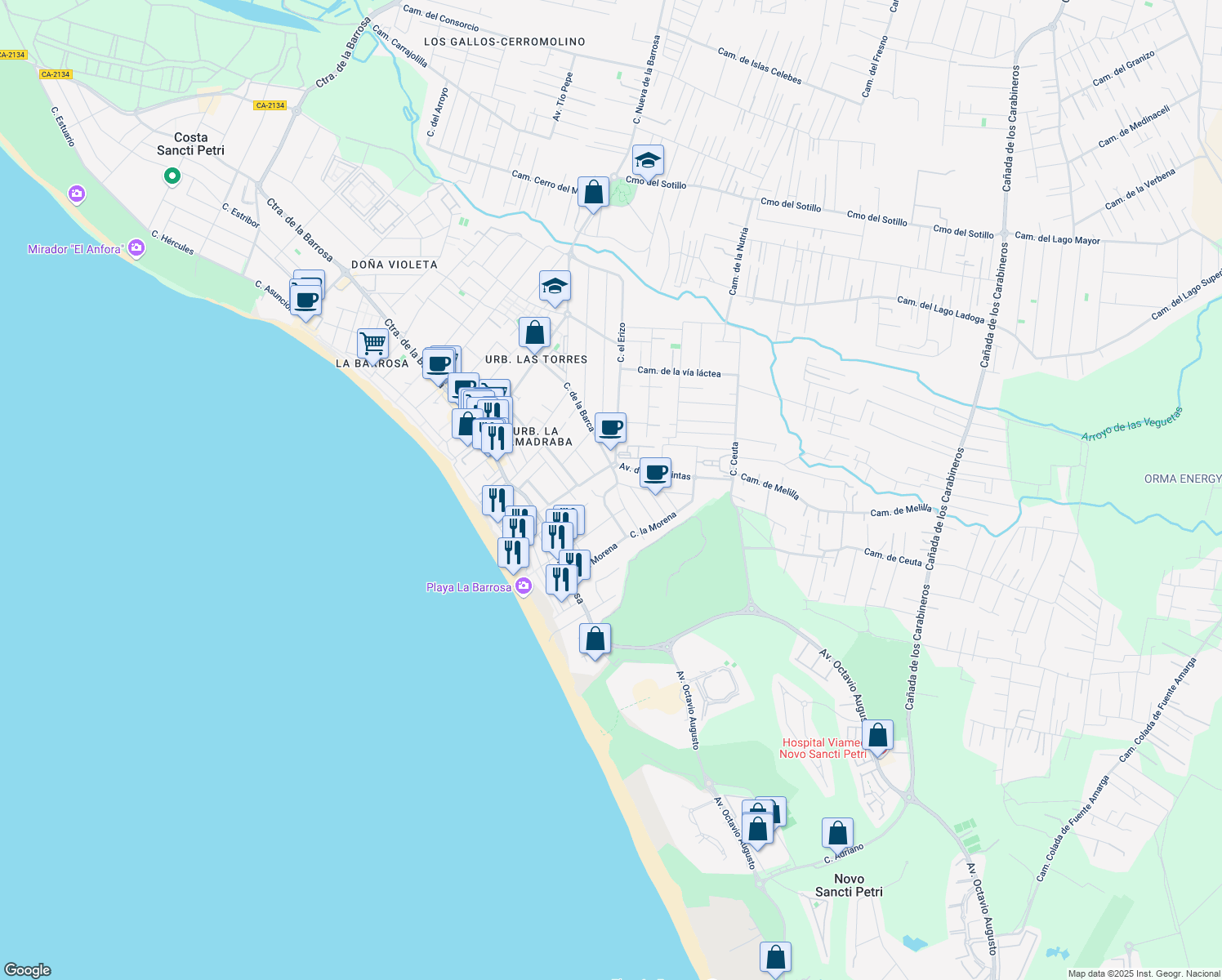 map of restaurants, bars, coffee shops, grocery stores, and more near 12 Calle la Urta in Chiclana de la Frontera
