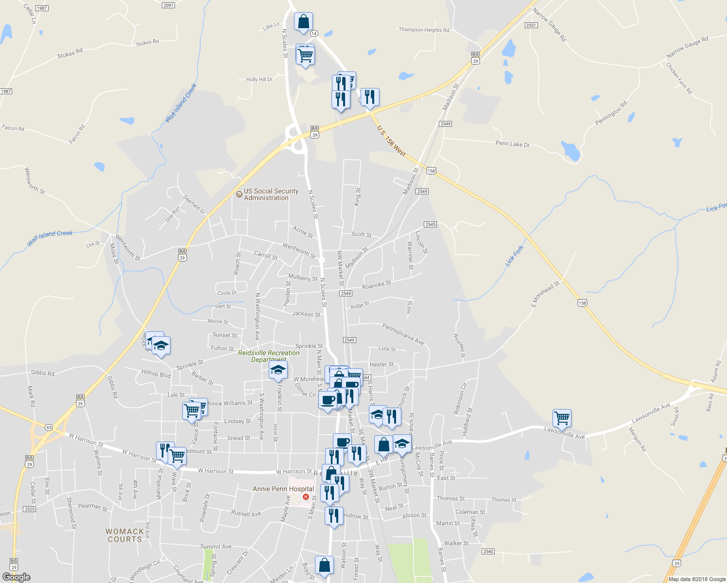 map of restaurants, bars, coffee shops, grocery stores, and more near 205 Roanoke Street in Reidsville