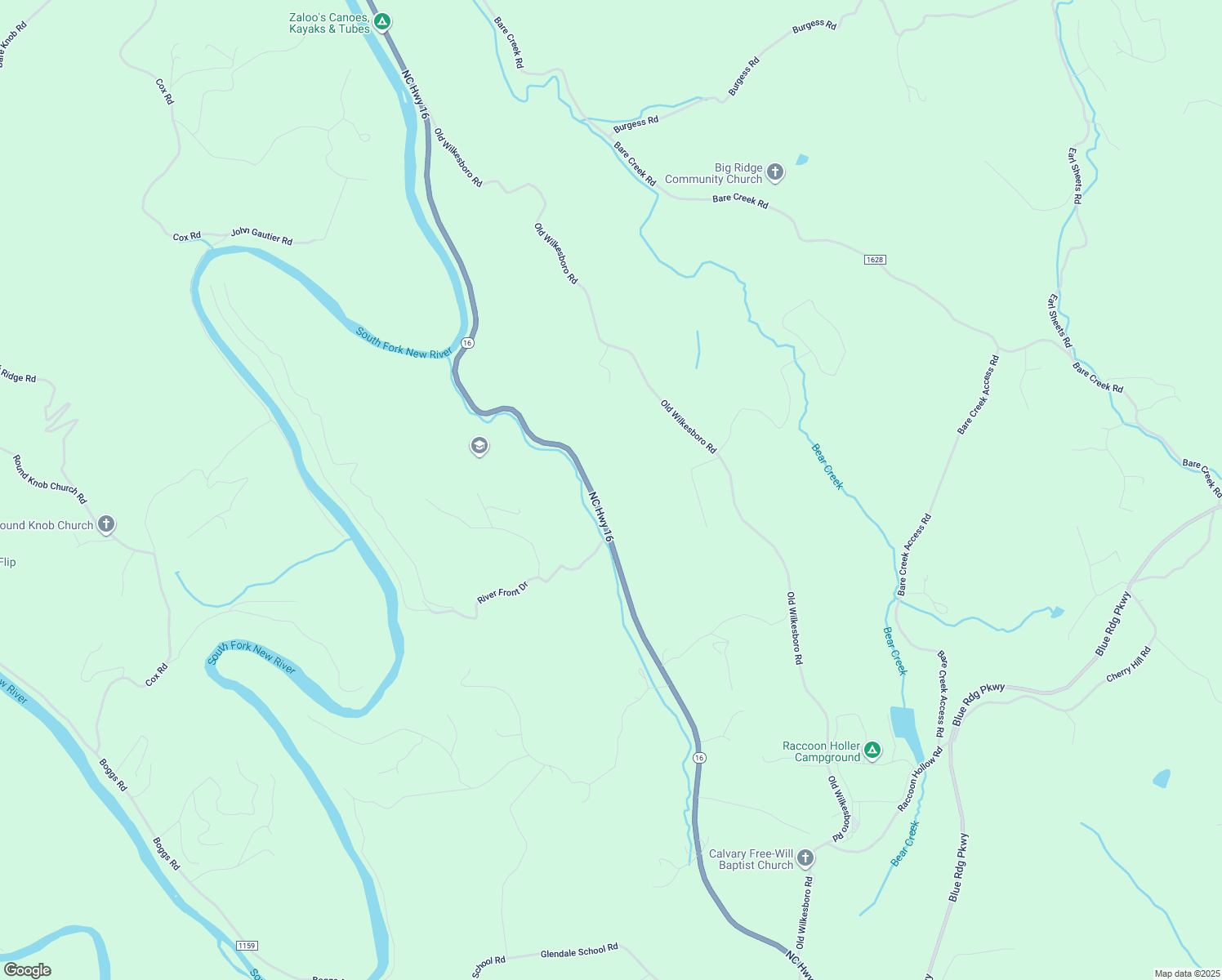 map of restaurants, bars, coffee shops, grocery stores, and more near 5551 North Carolina 16 in Jefferson