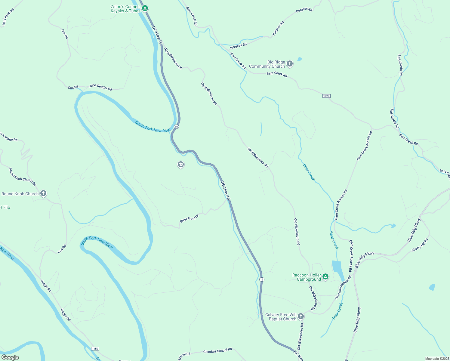map of restaurants, bars, coffee shops, grocery stores, and more near 5551 North Carolina 16 in Jefferson