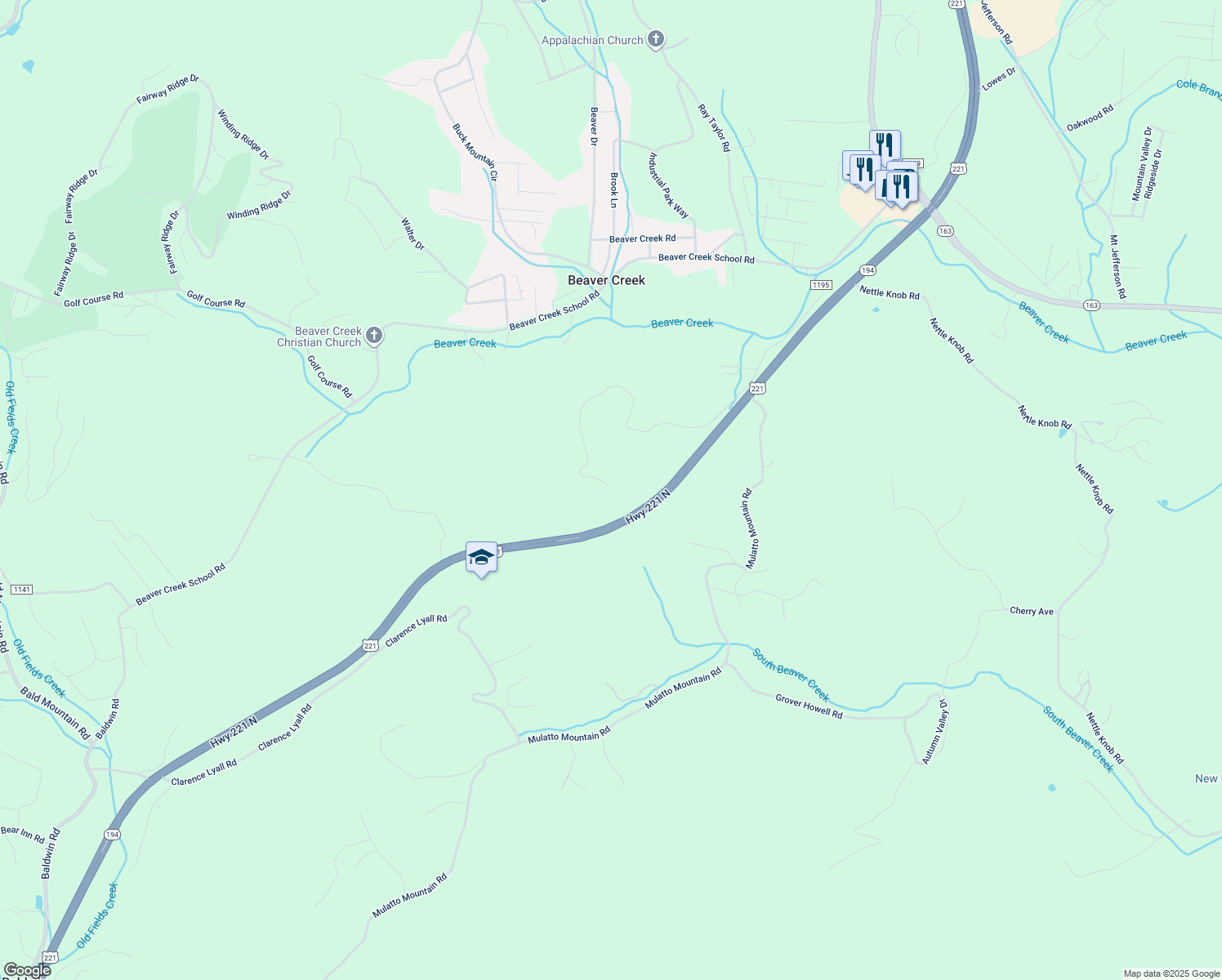 map of restaurants, bars, coffee shops, grocery stores, and more near 599 Inspiration Way in West Jefferson