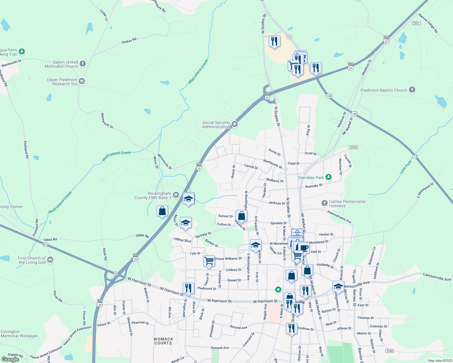 map of restaurants, bars, coffee shops, grocery stores, and more near 6 Circle Drive in Reidsville
