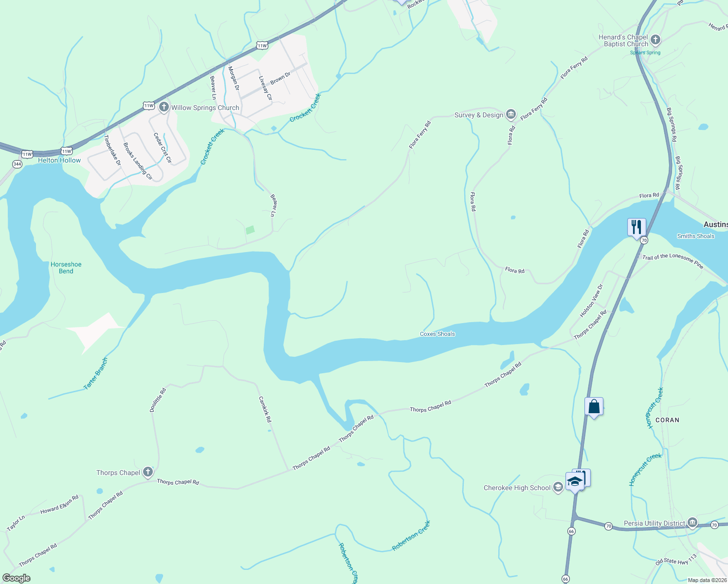 map of restaurants, bars, coffee shops, grocery stores, and more near 123 Chestnutt Town Road in Rogersville