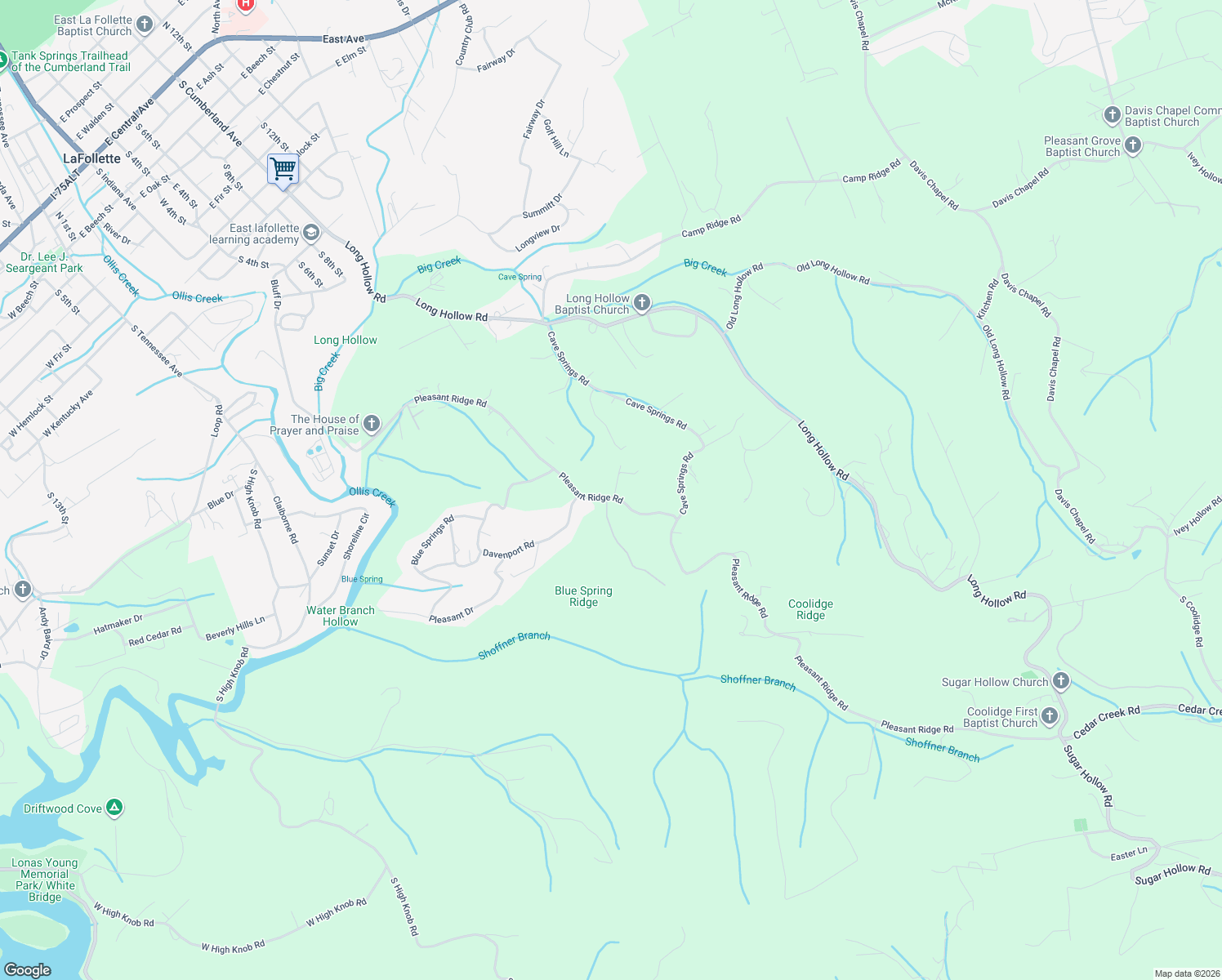 map of restaurants, bars, coffee shops, grocery stores, and more near 1123 Pleasant Ridge Road in LaFollette