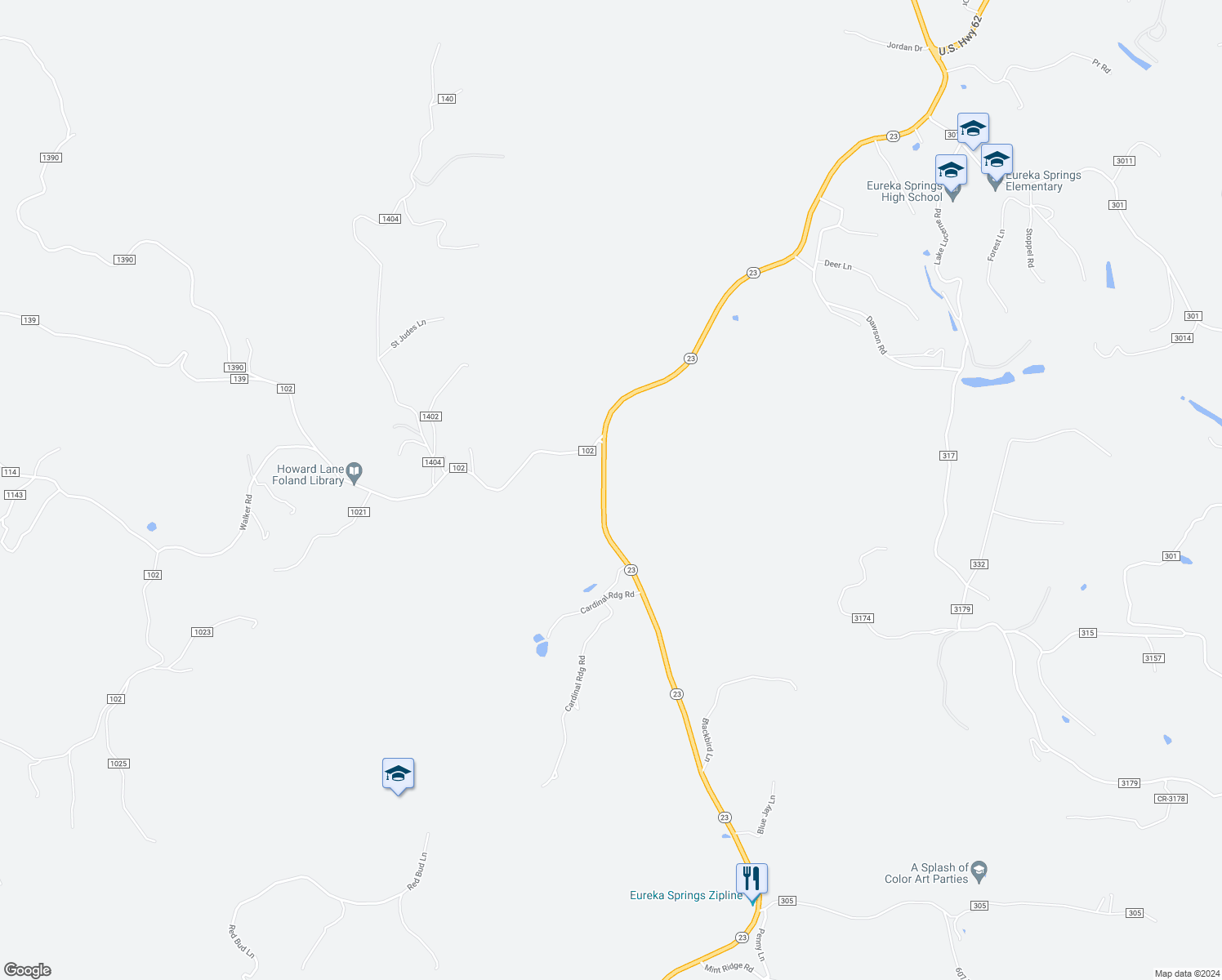 map of restaurants, bars, coffee shops, grocery stores, and more near 925 Arkansas 23 in Eureka Springs