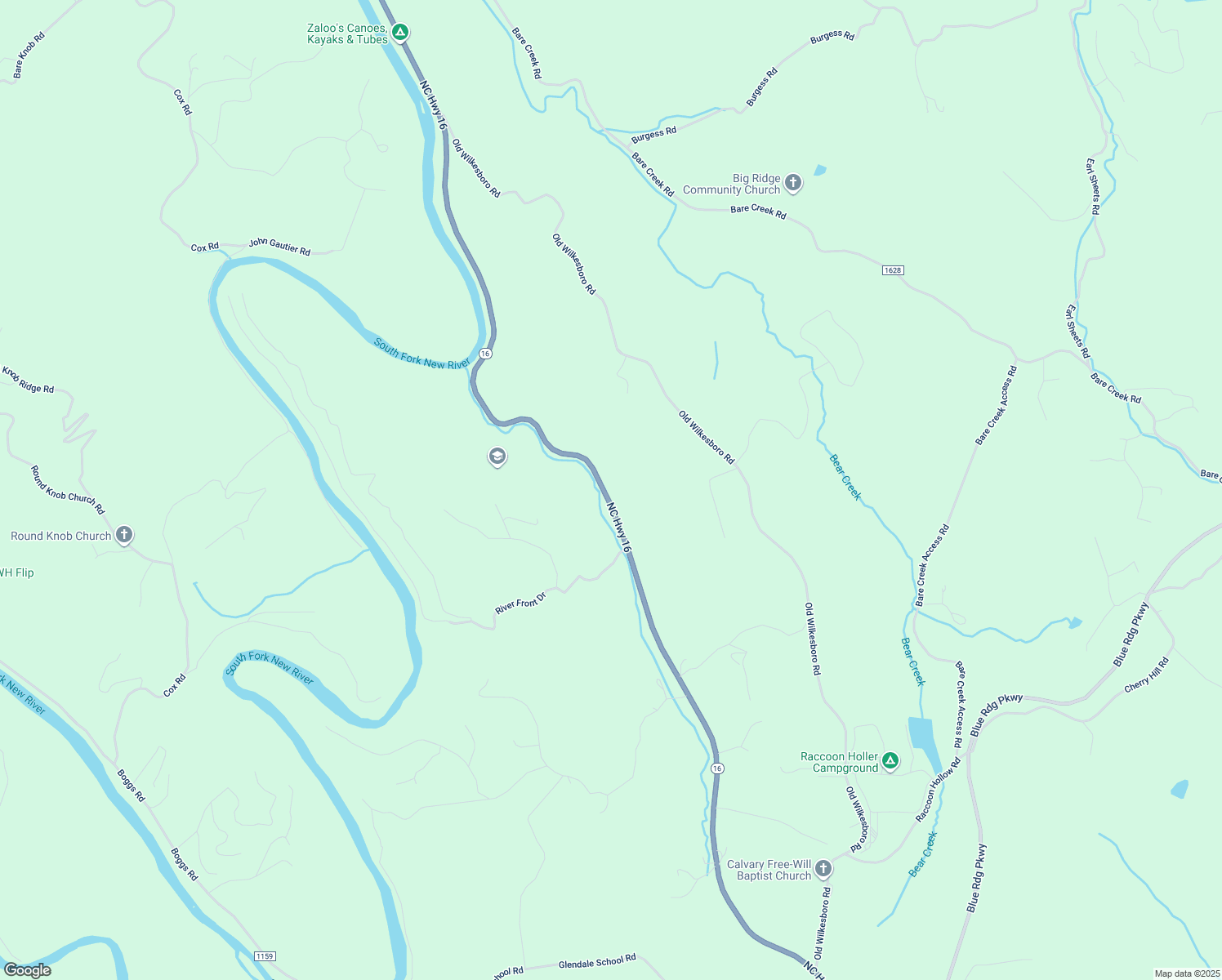 map of restaurants, bars, coffee shops, grocery stores, and more near 5521 North Carolina 16 in Jefferson