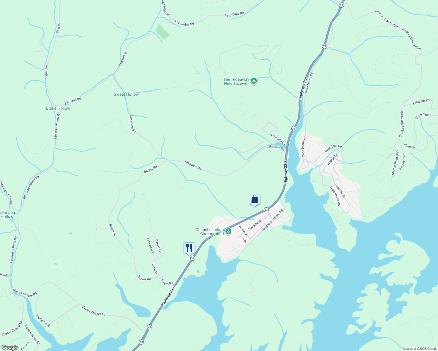 map of restaurants, bars, coffee shops, grocery stores, and more near 295 Lakeview Rd in New Tazewell