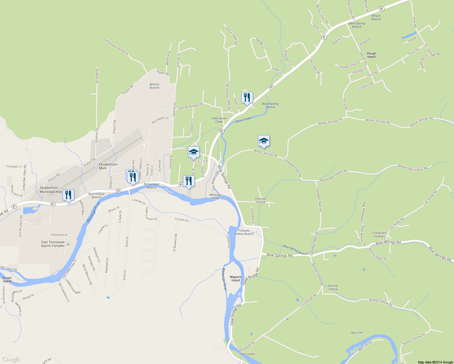 map of restaurants, bars, coffee shops, grocery stores, and more near 162 Blue Springs Rd in Elizabethton