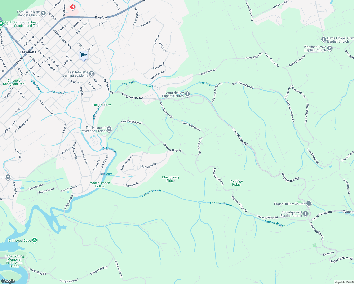 map of restaurants, bars, coffee shops, grocery stores, and more near 1123 Pleasant Ridge Road in LaFollette