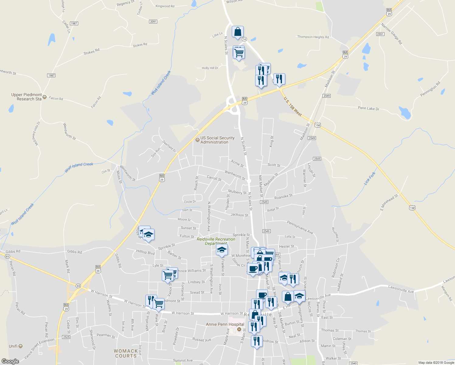map of restaurants, bars, coffee shops, grocery stores, and more near 404 Carroll Street in Reidsville