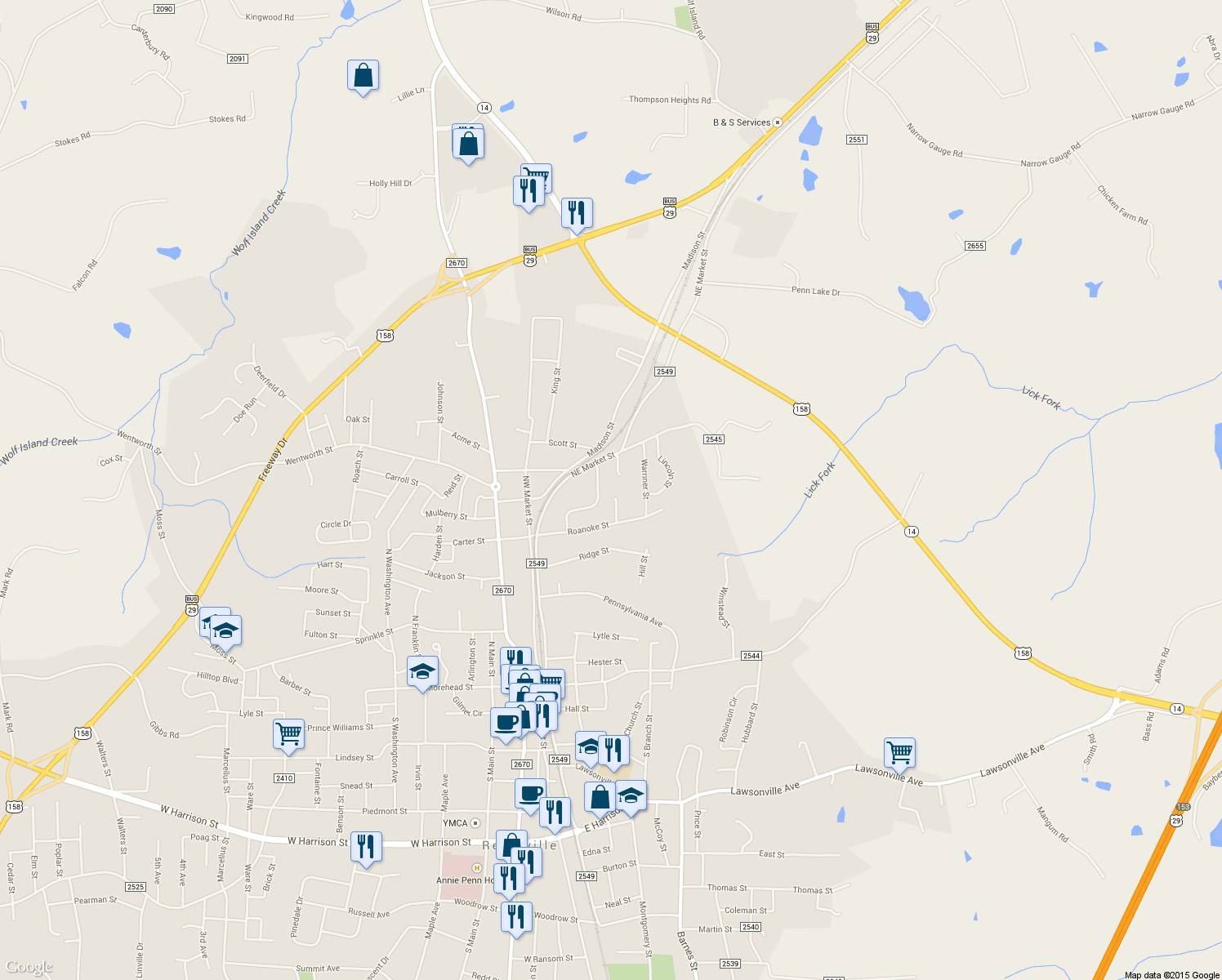 map of restaurants, bars, coffee shops, grocery stores, and more near 510 South Tipton Place in Reidsville