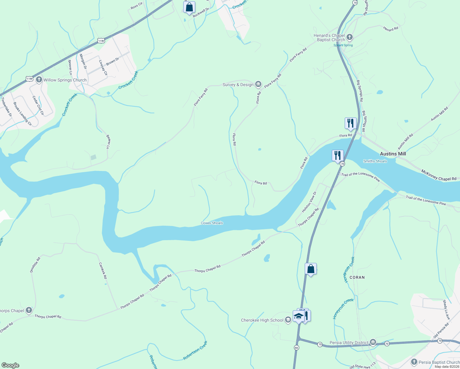 map of restaurants, bars, coffee shops, grocery stores, and more near 123 Chestnut Town Road in Rogersville