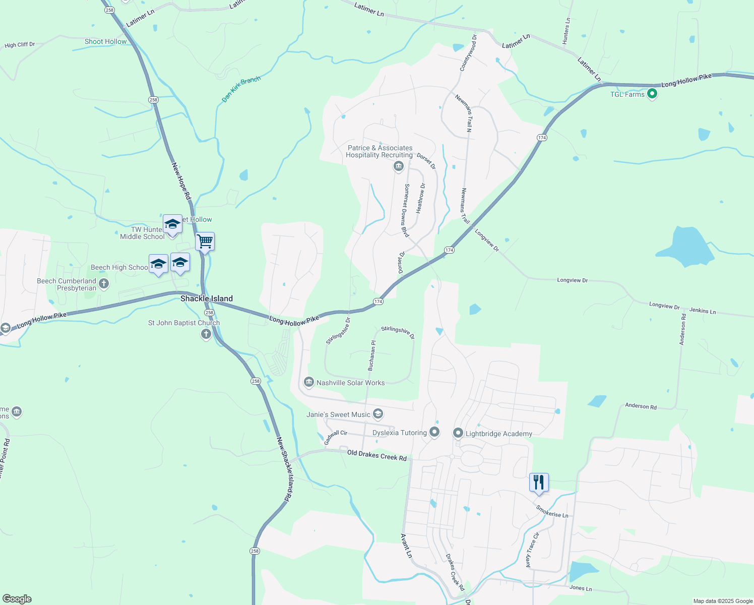map of restaurants, bars, coffee shops, grocery stores, and more near 3126 Highway 174 in Goodlettsville