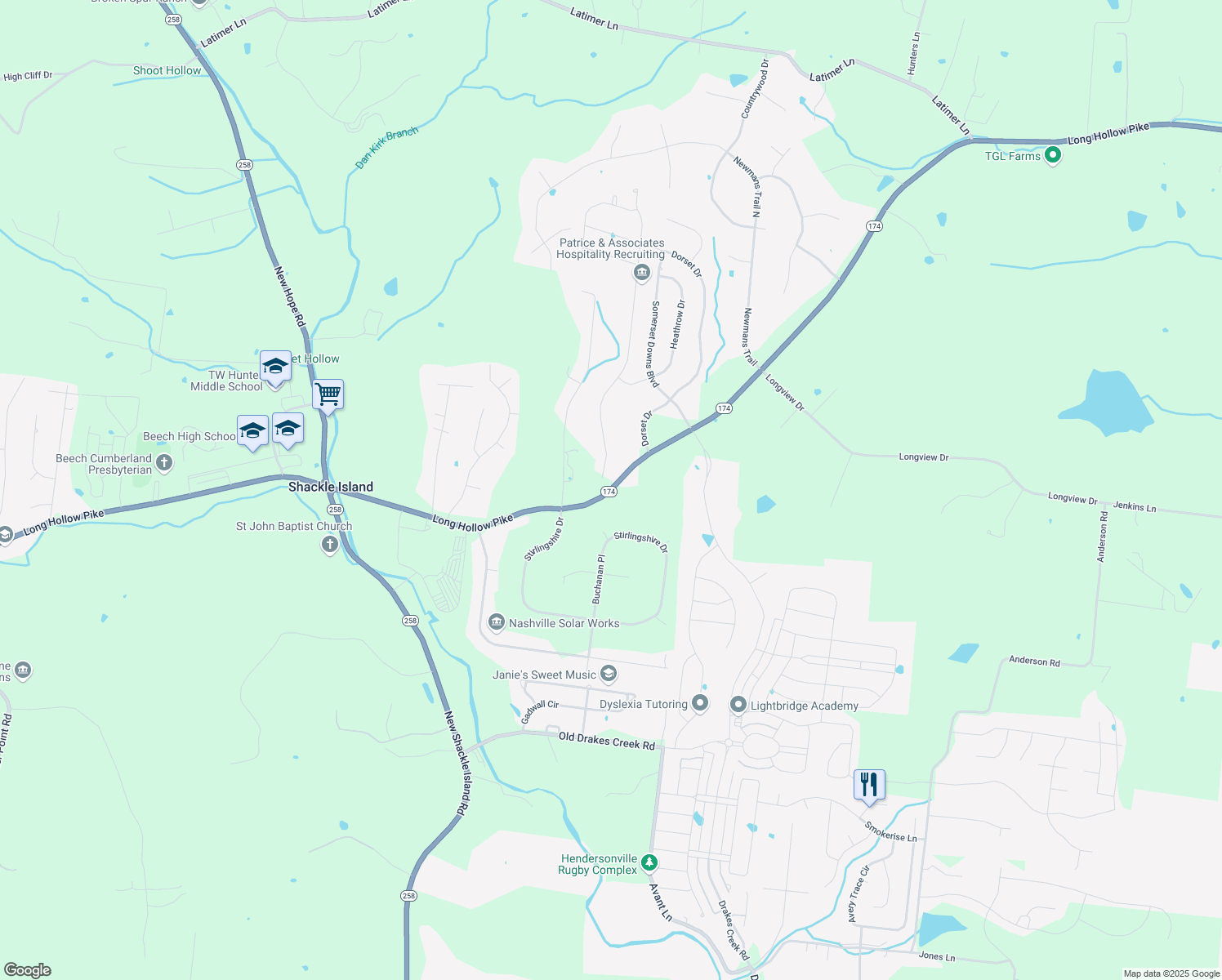 map of restaurants, bars, coffee shops, grocery stores, and more near Tennessee 174 in Hendersonville