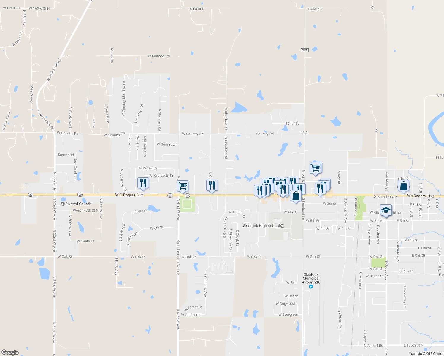 map of restaurants, bars, coffee shops, grocery stores, and more near 123 North Choctaw Road in Skiatook