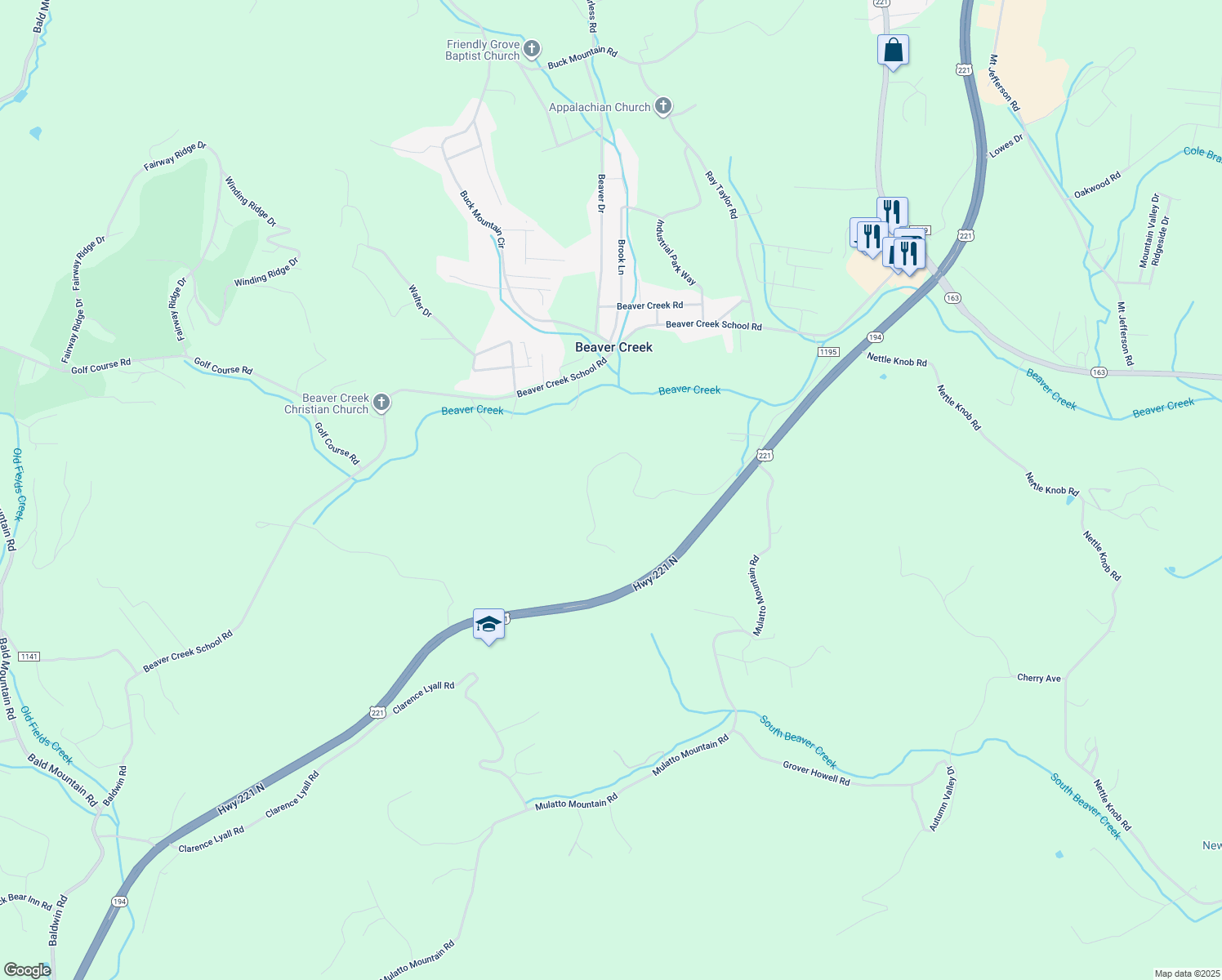 map of restaurants, bars, coffee shops, grocery stores, and more near 970 Helen Blevins Road in West Jefferson