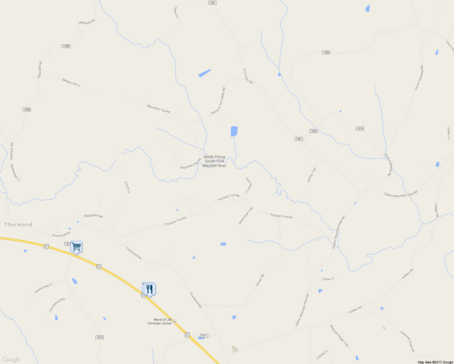 map of restaurants, bars, coffee shops, grocery stores, and more near 576 Possum Trot Road in Thurmond