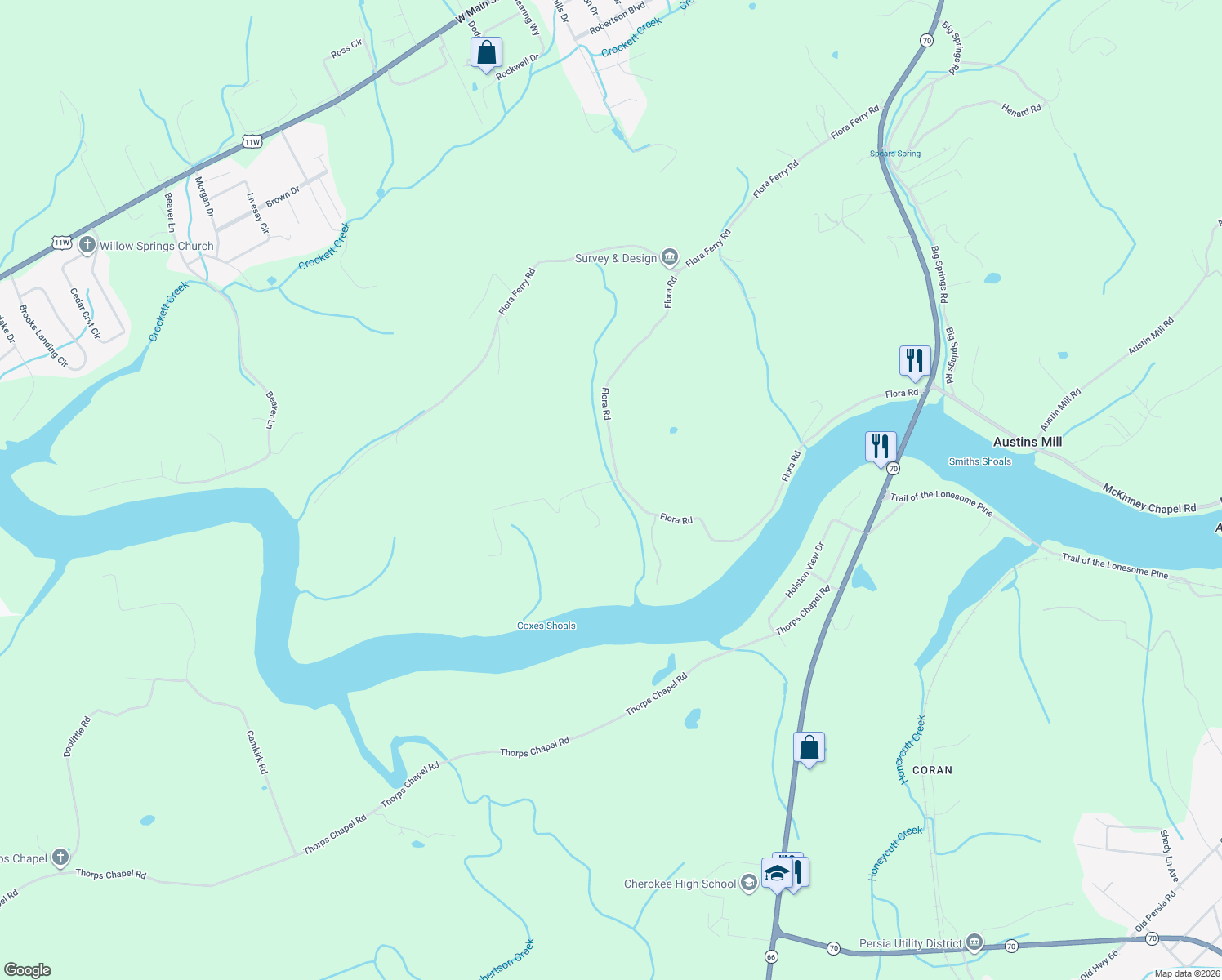map of restaurants, bars, coffee shops, grocery stores, and more near 107 Chestnut Town Road in Rogersville