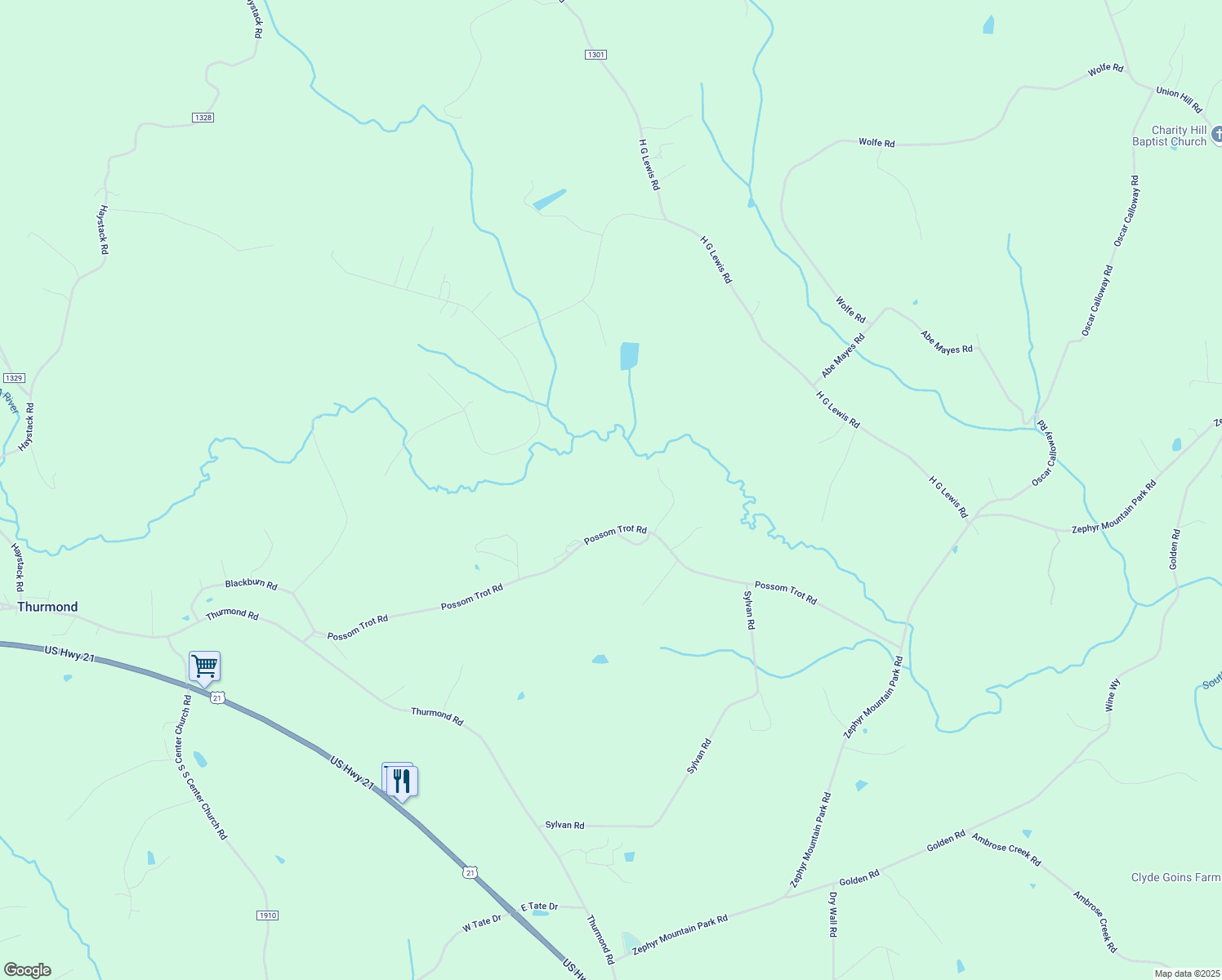map of restaurants, bars, coffee shops, grocery stores, and more near 576 Possum Trot Road in Thurmond