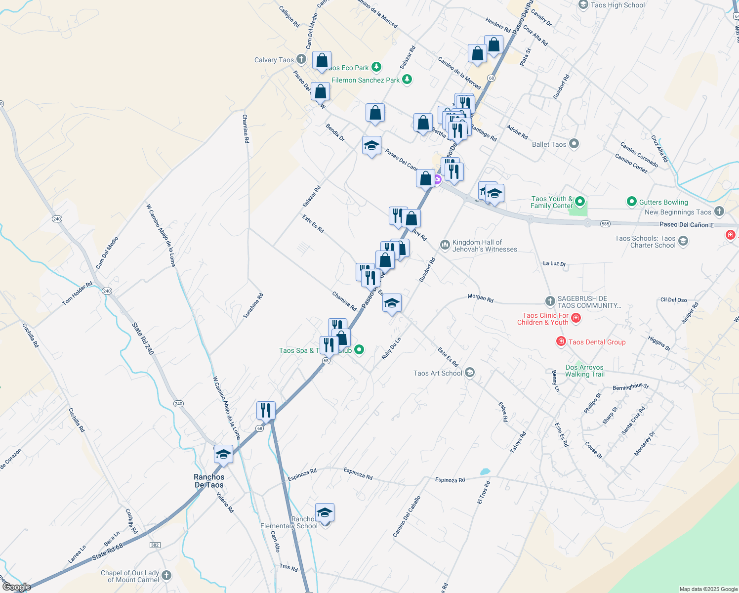 map of restaurants, bars, coffee shops, grocery stores, and more near 1334 Paseo Del Pueblo Sur in Taos
