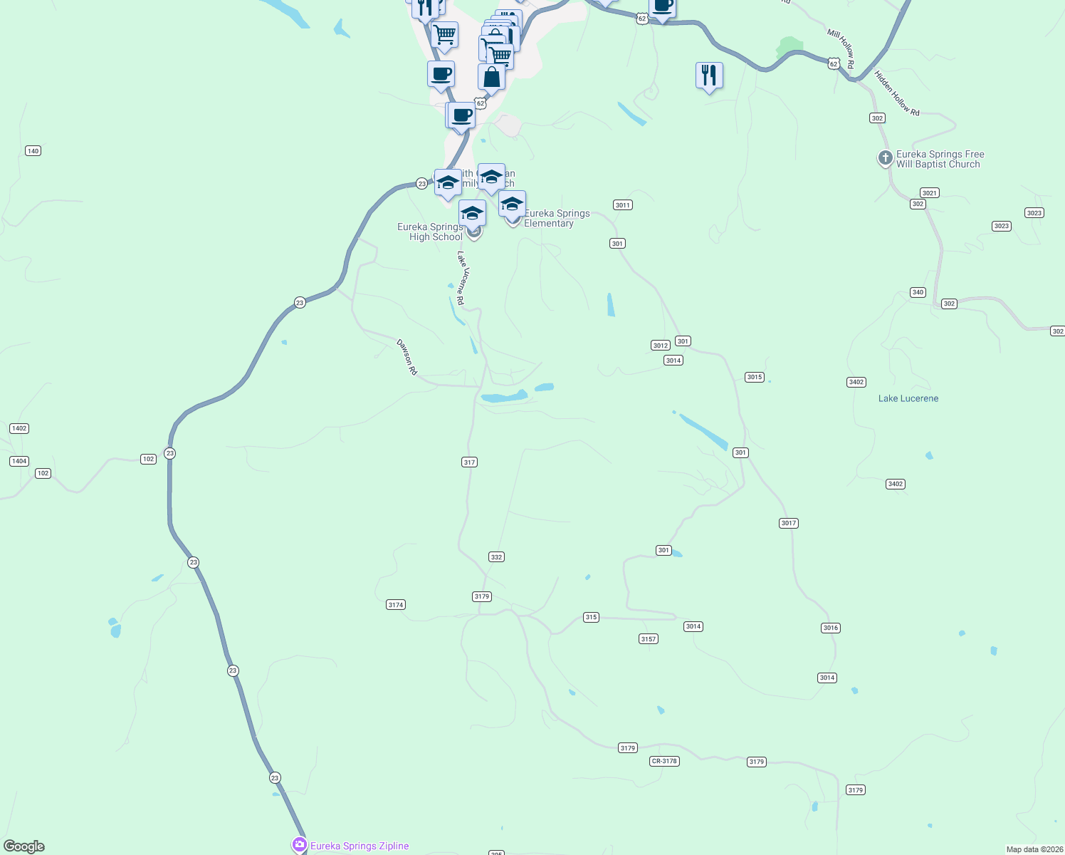 map of restaurants, bars, coffee shops, grocery stores, and more near 520 County Road 332 in Eureka Springs