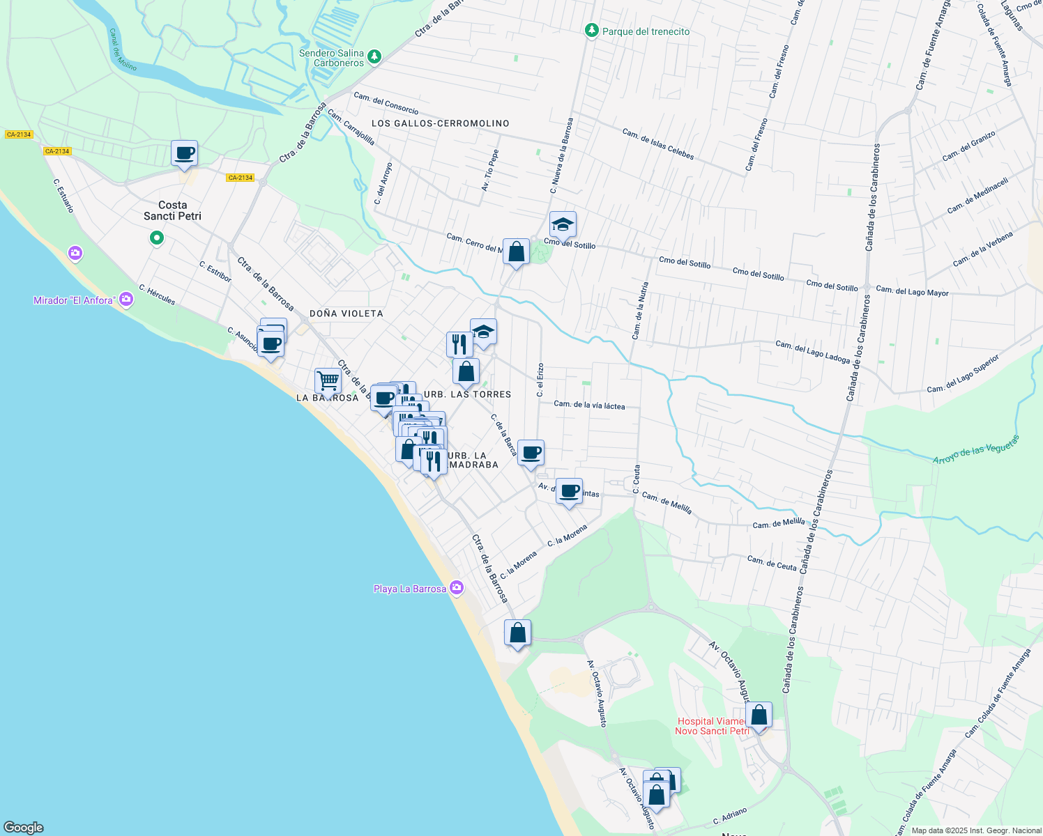 map of restaurants, bars, coffee shops, grocery stores, and more near 88 Calle Percebes in Chiclana de la Frontera