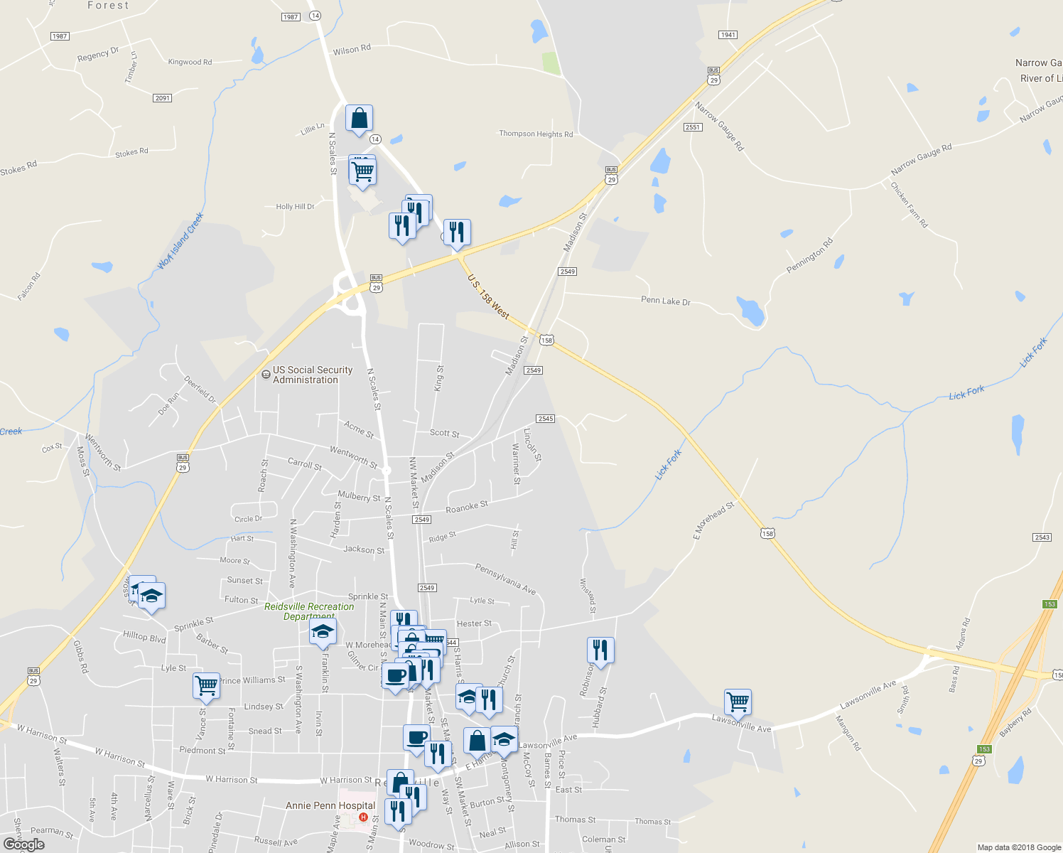 map of restaurants, bars, coffee shops, grocery stores, and more near 807 North Willow Street in Reidsville