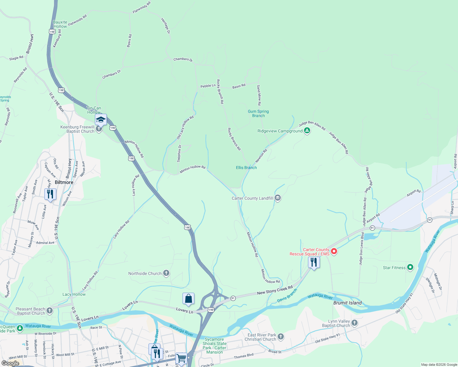 map of restaurants, bars, coffee shops, grocery stores, and more near 306 Minton Hollow Road in Elizabethton