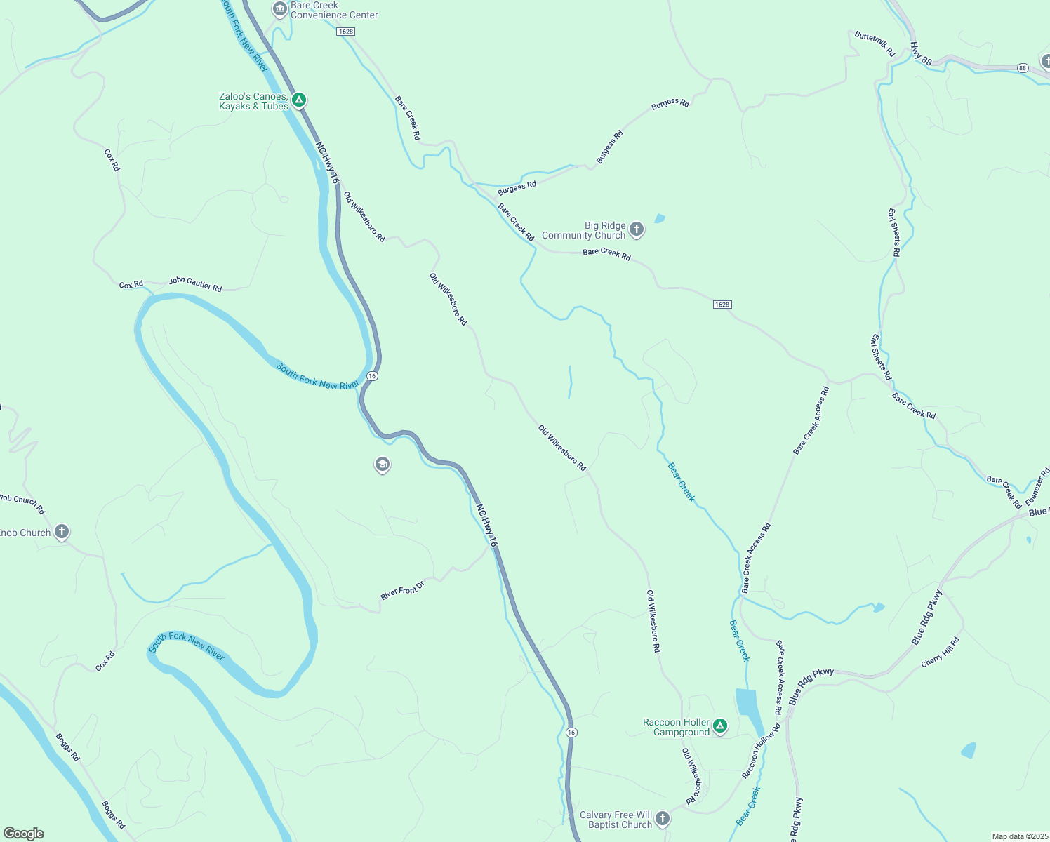 map of restaurants, bars, coffee shops, grocery stores, and more near 1386 Old Wilkesboro Road in Jefferson