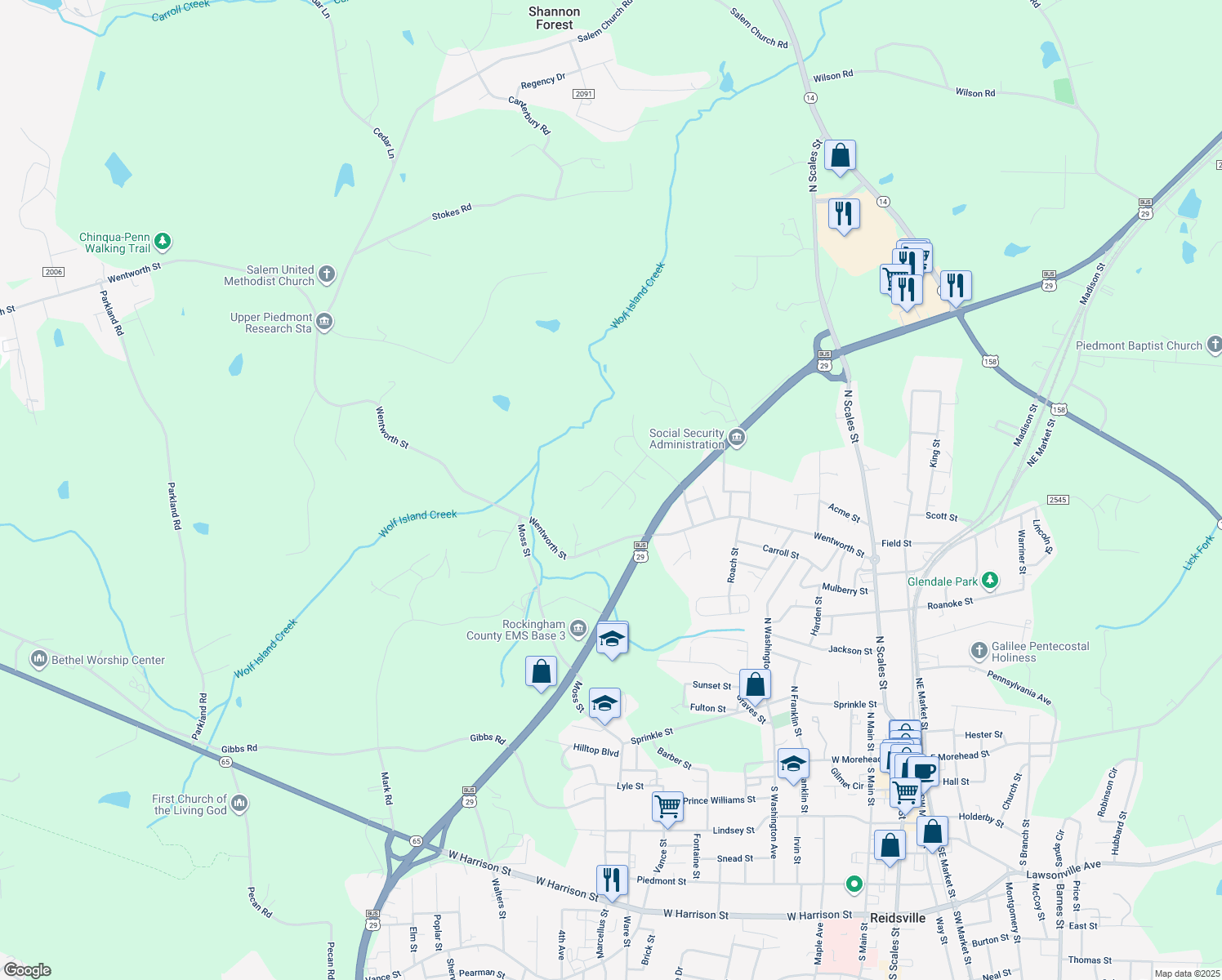 map of restaurants, bars, coffee shops, grocery stores, and more near 2216 Doe Run in Reidsville