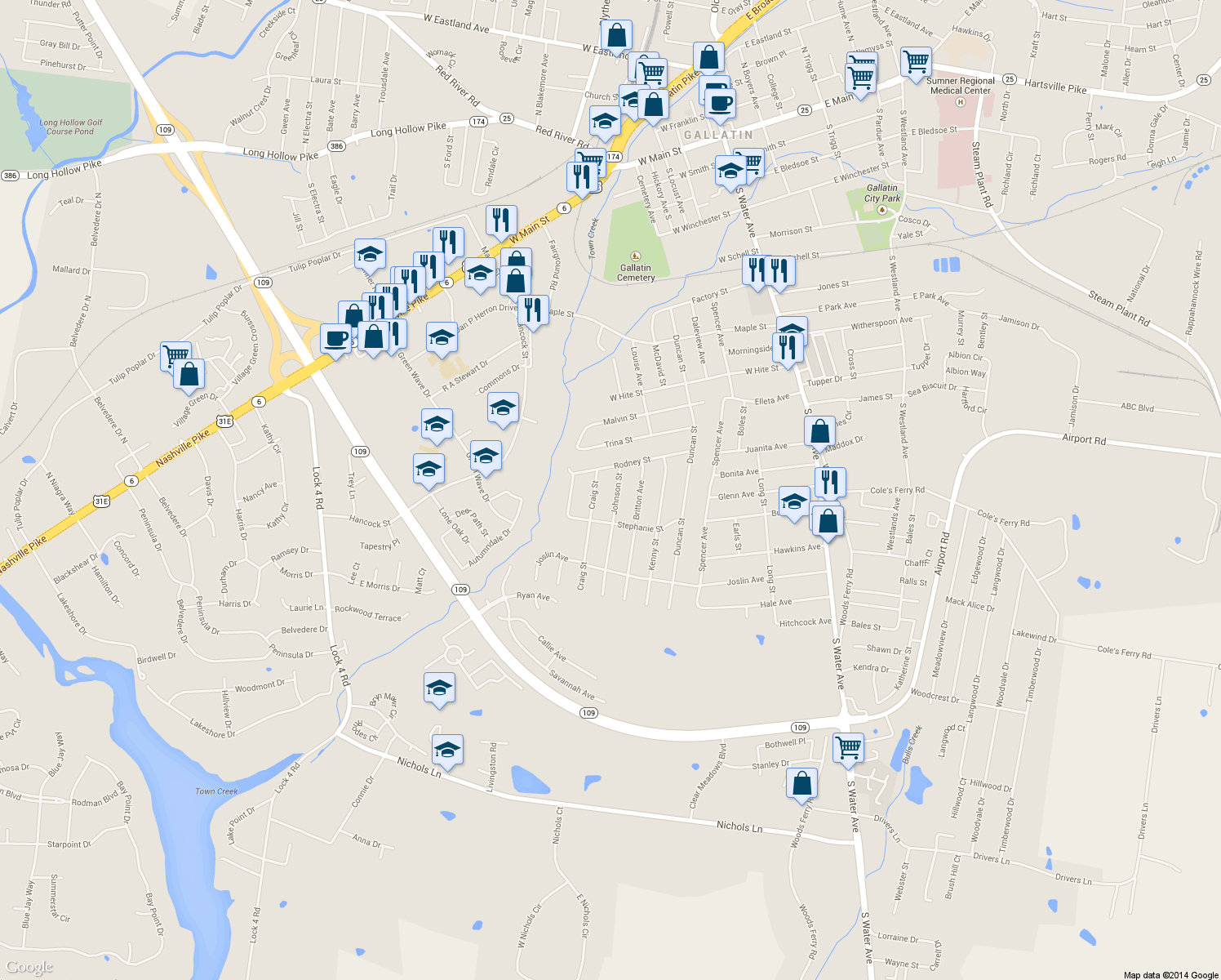 map of restaurants, bars, coffee shops, grocery stores, and more near 829 Johnson Street in Gallatin