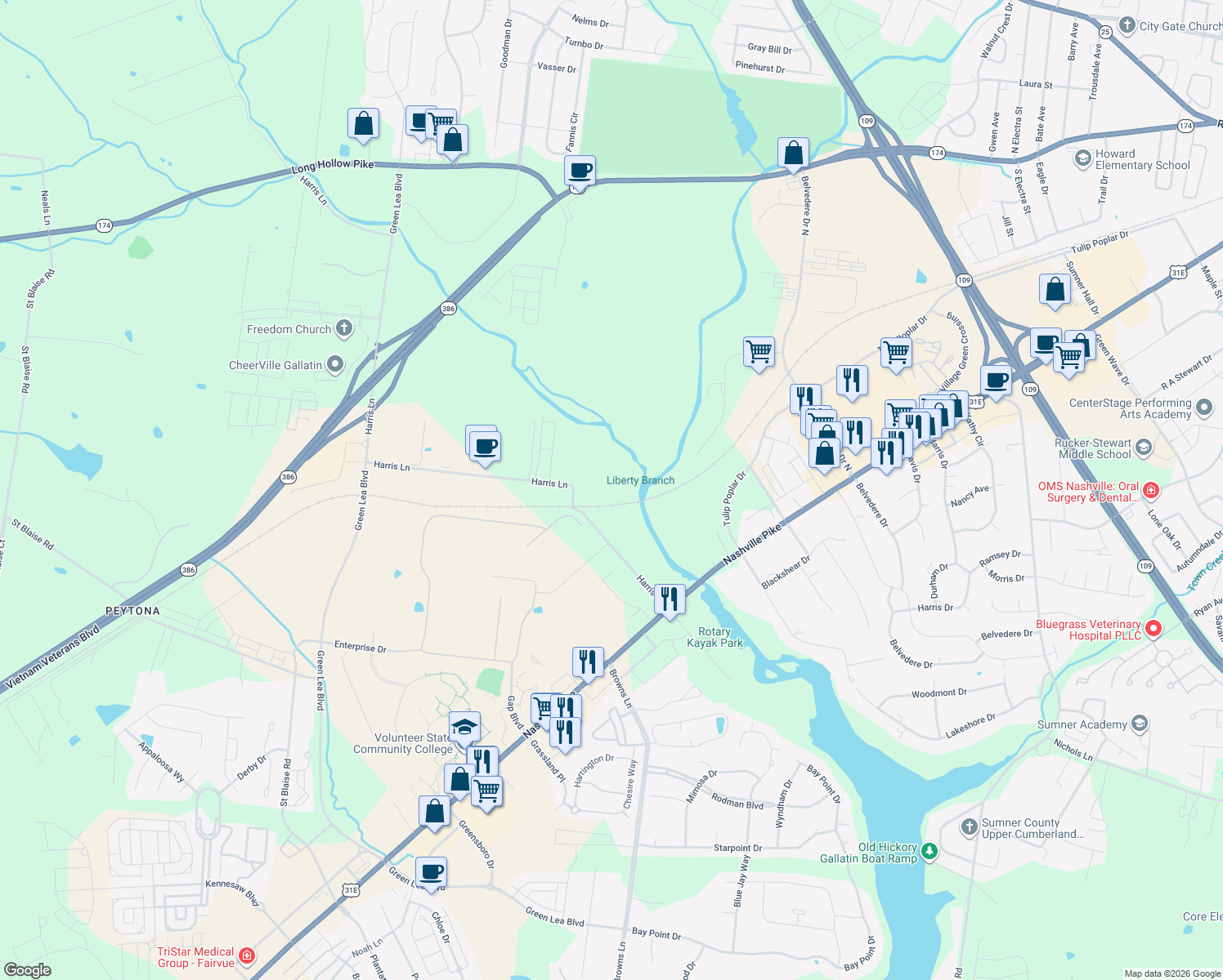 map of restaurants, bars, coffee shops, grocery stores, and more near 200 Harris Lane in Gallatin