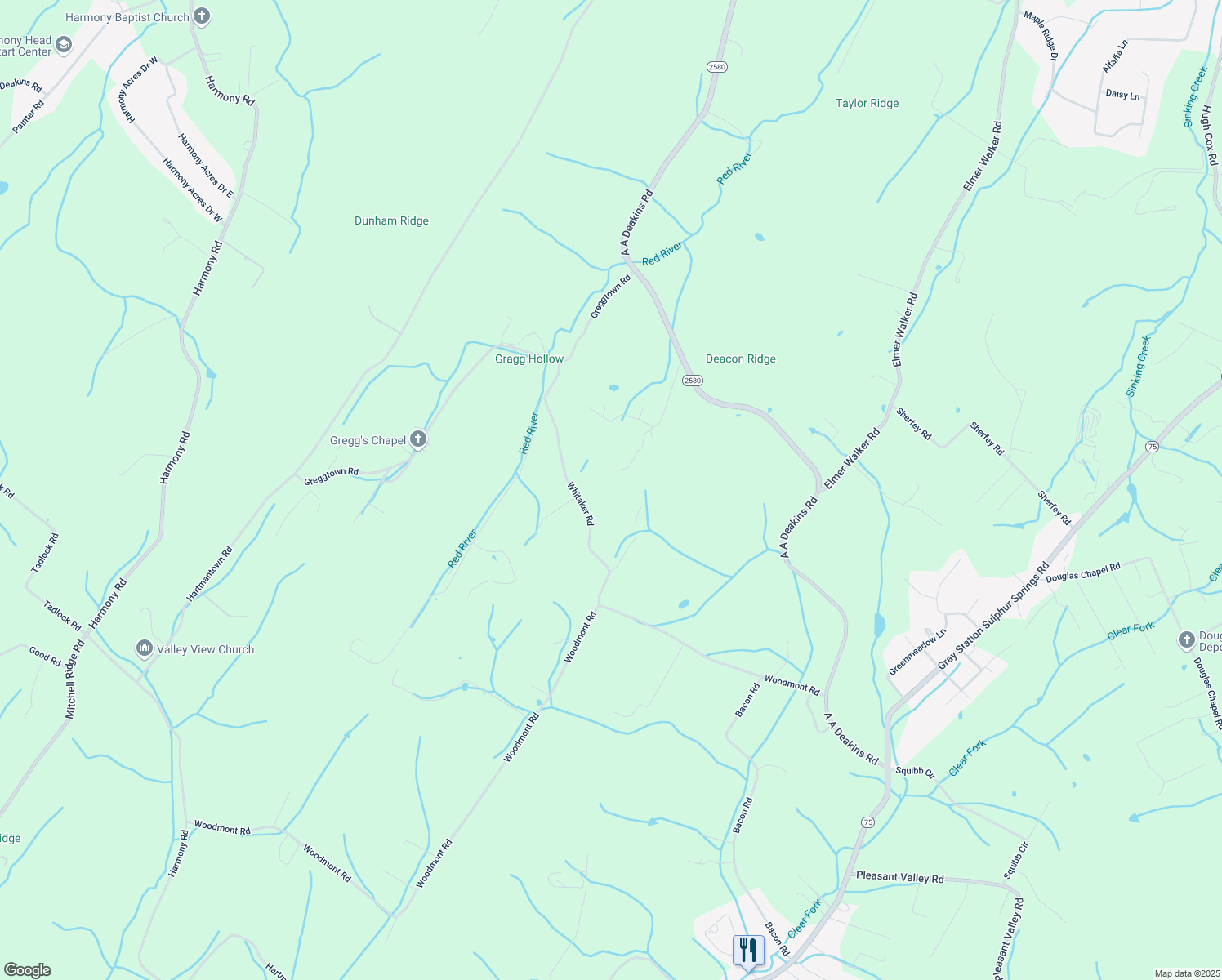 map of restaurants, bars, coffee shops, grocery stores, and more near 595 Aa Deakins Road in Jonesborough