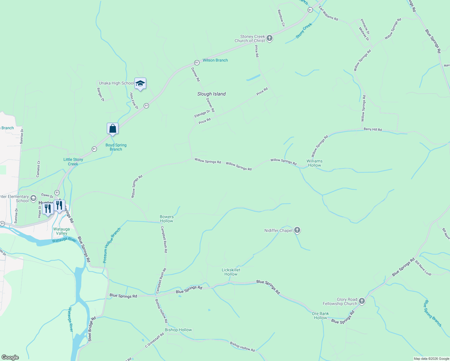 map of restaurants, bars, coffee shops, grocery stores, and more near 426 Willow Springs Road in Elizabethton