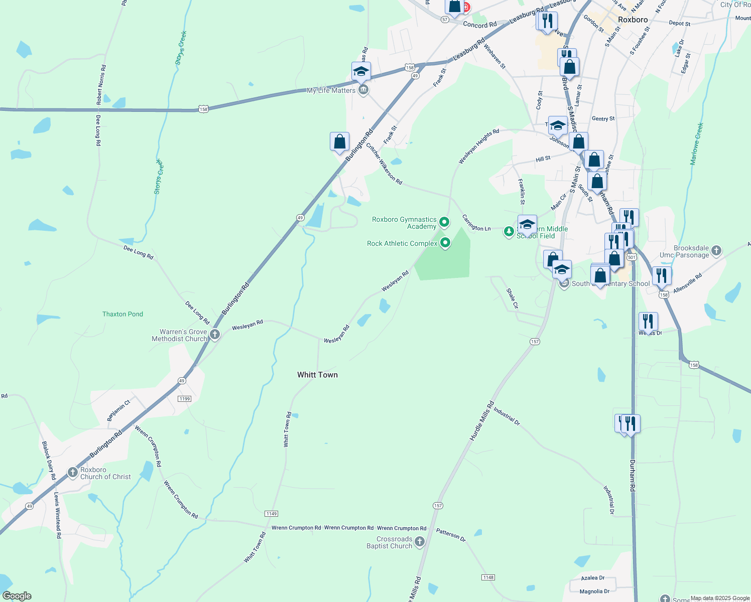 map of restaurants, bars, coffee shops, grocery stores, and more near 601 Wesleyan Road in Roxboro